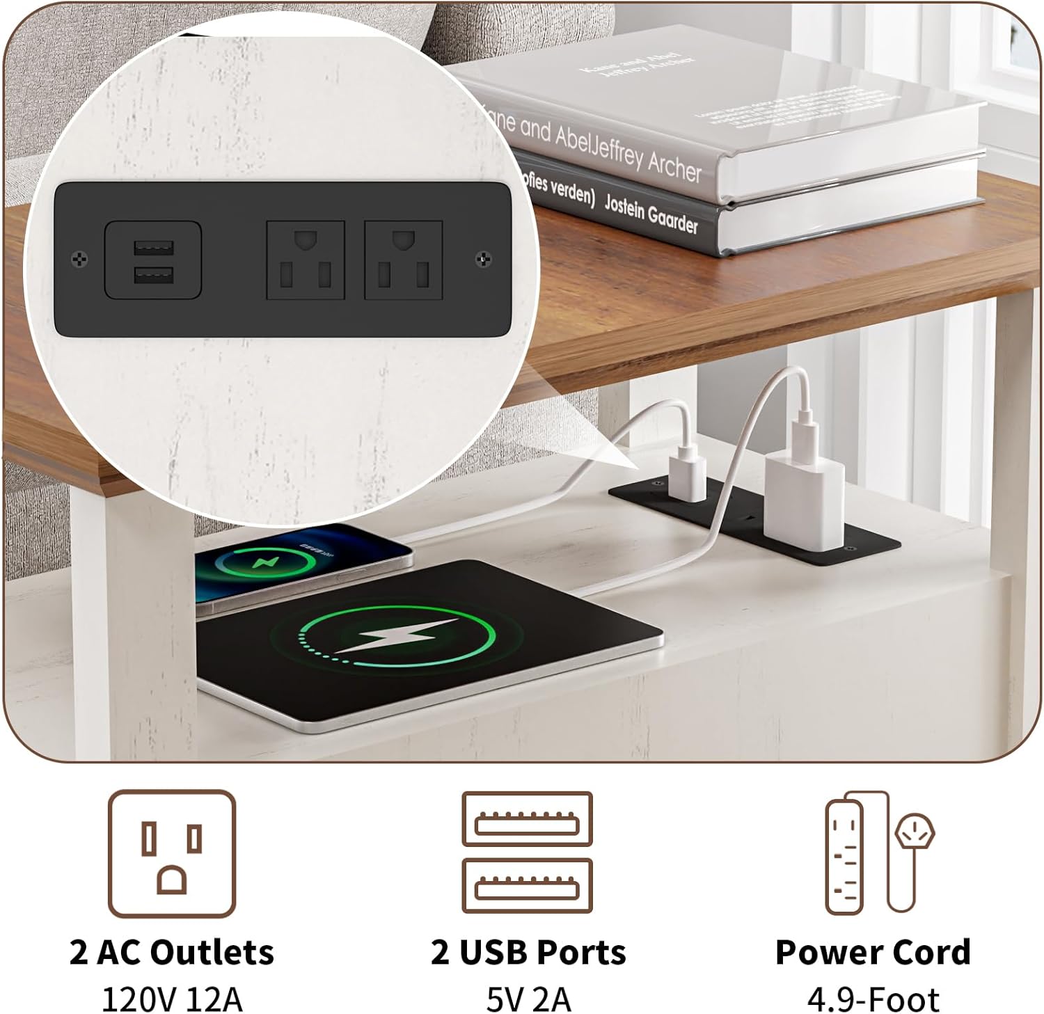 HOMMPA Farmhouse End Table with Charging Station, 23.6'' Rustic End Table w/Storage Drawers & Open Shelf, Wood Sofa Side Table Bedside Table for Living Room Bedroom, Roman Column Design, Rustic White