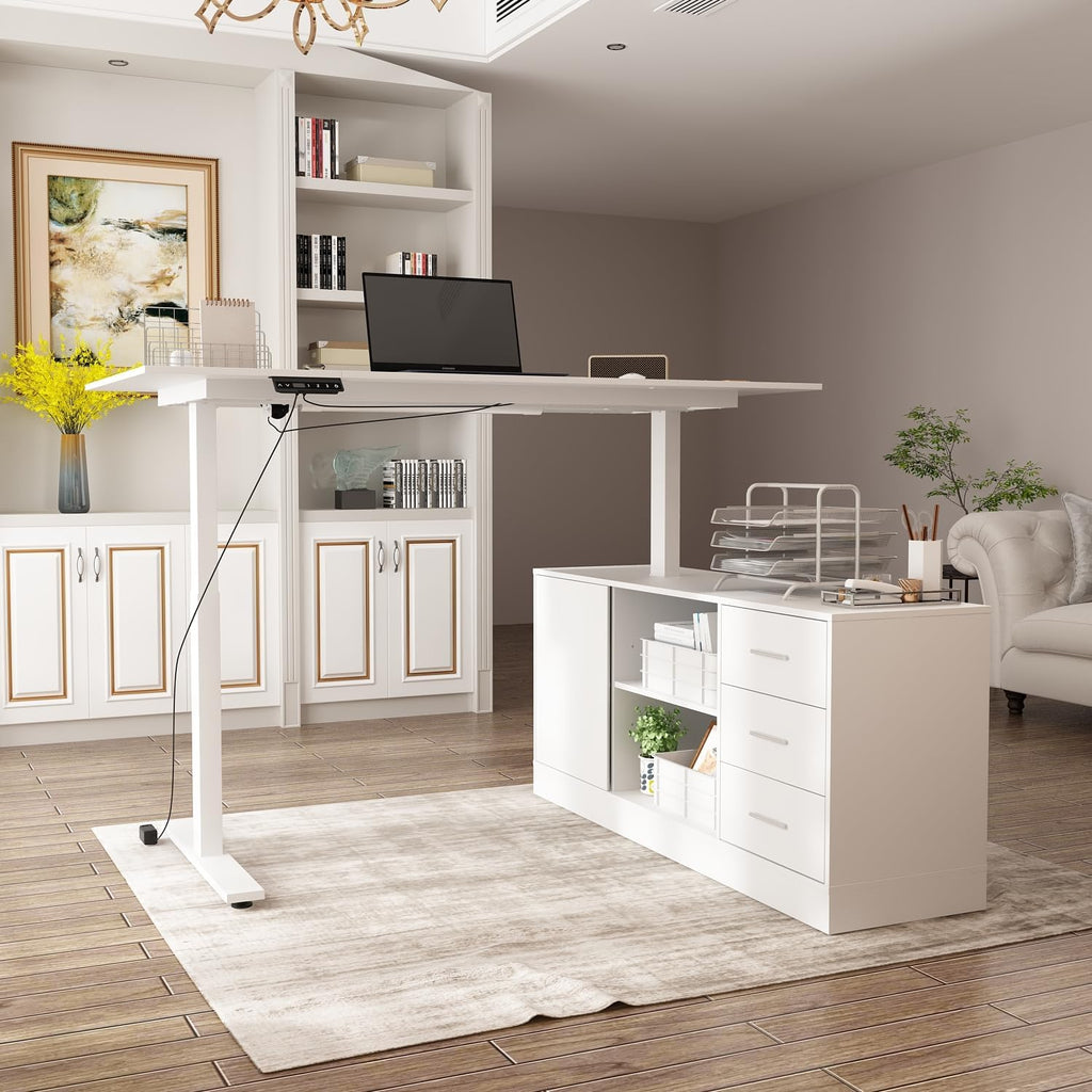 AGOTENI 63' W L Shaped Standing Desk with Cabinet, Electric Height Adjustable & Reversible Corner Computer Desk with Drawers & Storage Shelves for Home Office, White