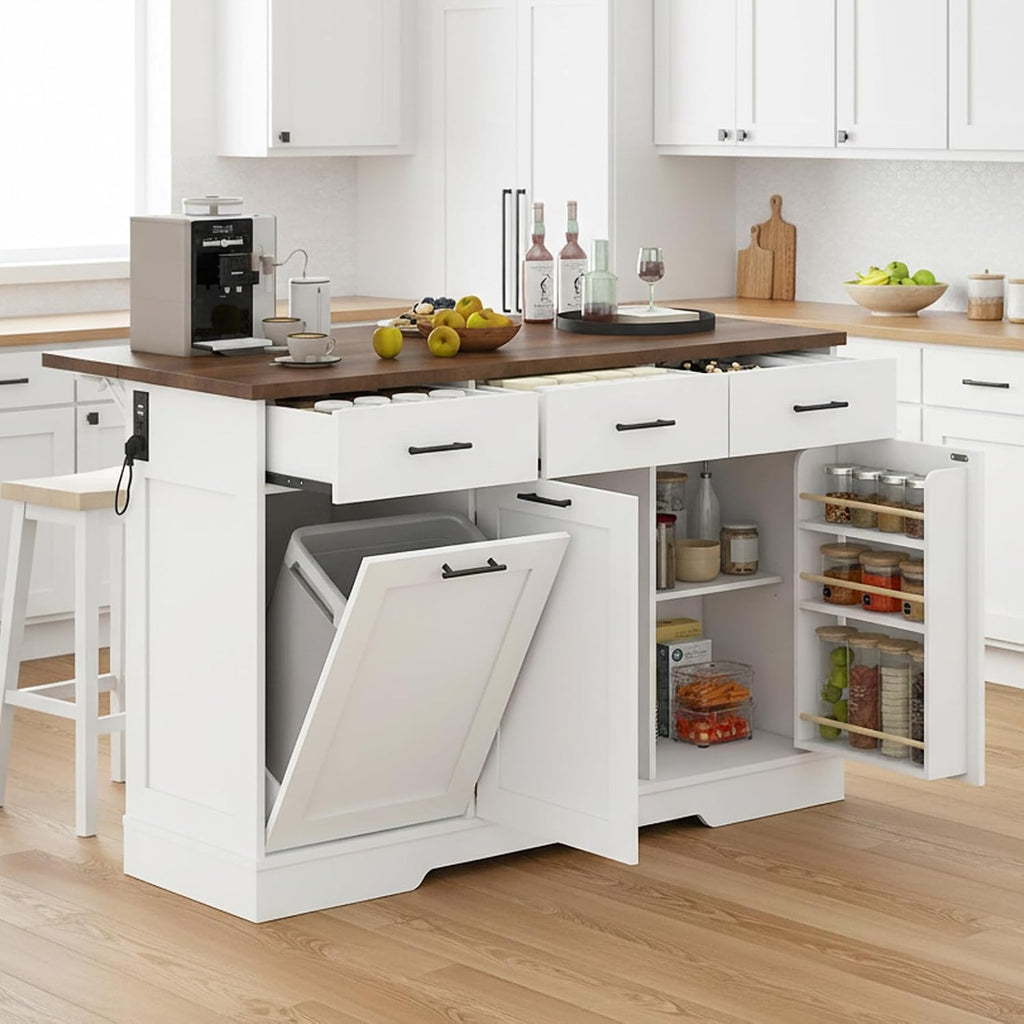 Kikihouse 55' Drop Leaf Kitchen Island Table with Power Outlet, Large Stationary Breakfast Bar with Storage Drawers, Trash Cabinet, Adjustable Shelves, Towel Rod & Spice Rack (White & Walnut)