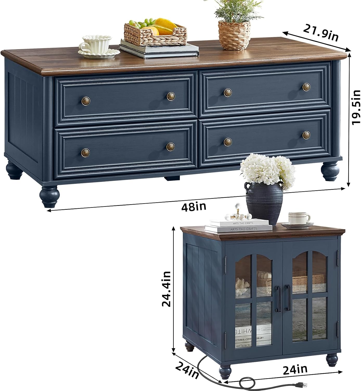 RWYHG Farmhouse Coffee and end Tables 3-Piece Set,Wood 48' Center Table with 4 Drawers,Large Sofa Side Table with Charging Station & with Glass Barn Door Storage for Home Living Room Hallway,Blue