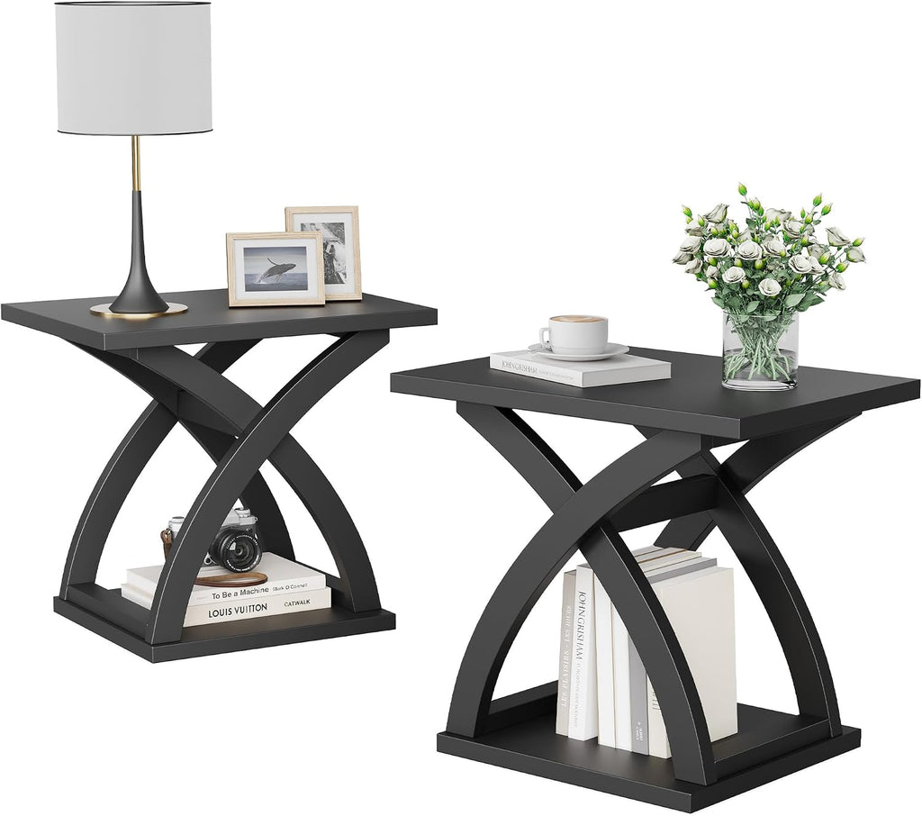 ChooChoo End Side Table Set of 2, Modern End Table with Storage Shelf, X-Design Side Table Living Room