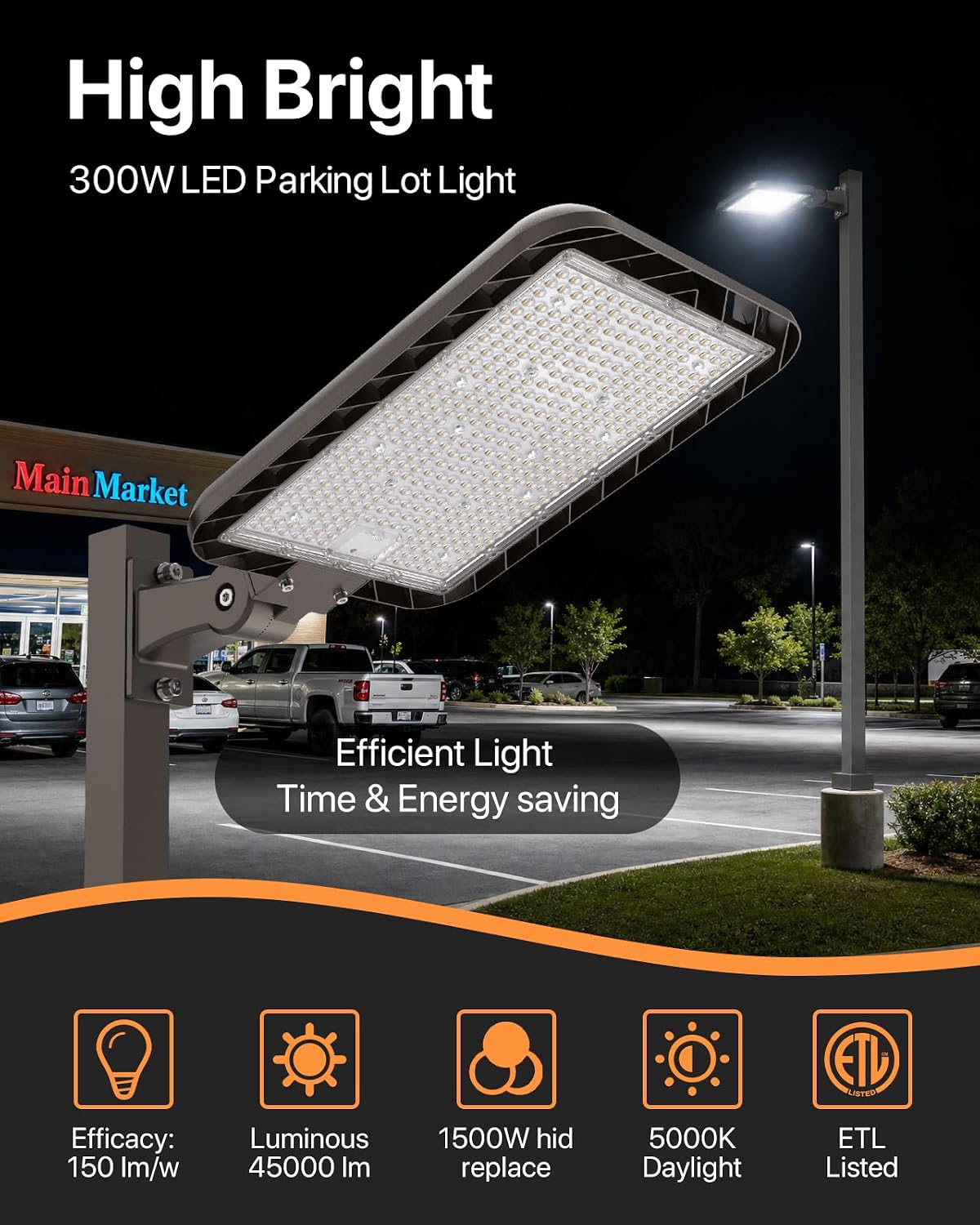 300W Led Parking Lot Light Adjustable Arm Mount 2Pack, 45000LM Dusk to Dawn Photocell Shoebox Lights Outdoor 5000K IP65 Waterproof 100-277V Street Area Lighting for Court, Parking Lot, Roads