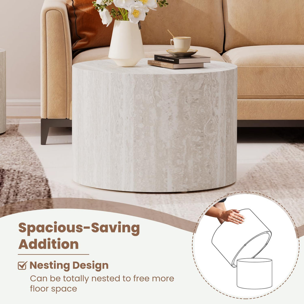 WXFKLDJ Round Nesting Coffee Table Set Cylindrical Wooden Coffee Table Sofa Center Table Circle Embossed Design Side Table for Living Room Apartment No Assembly (Marble)