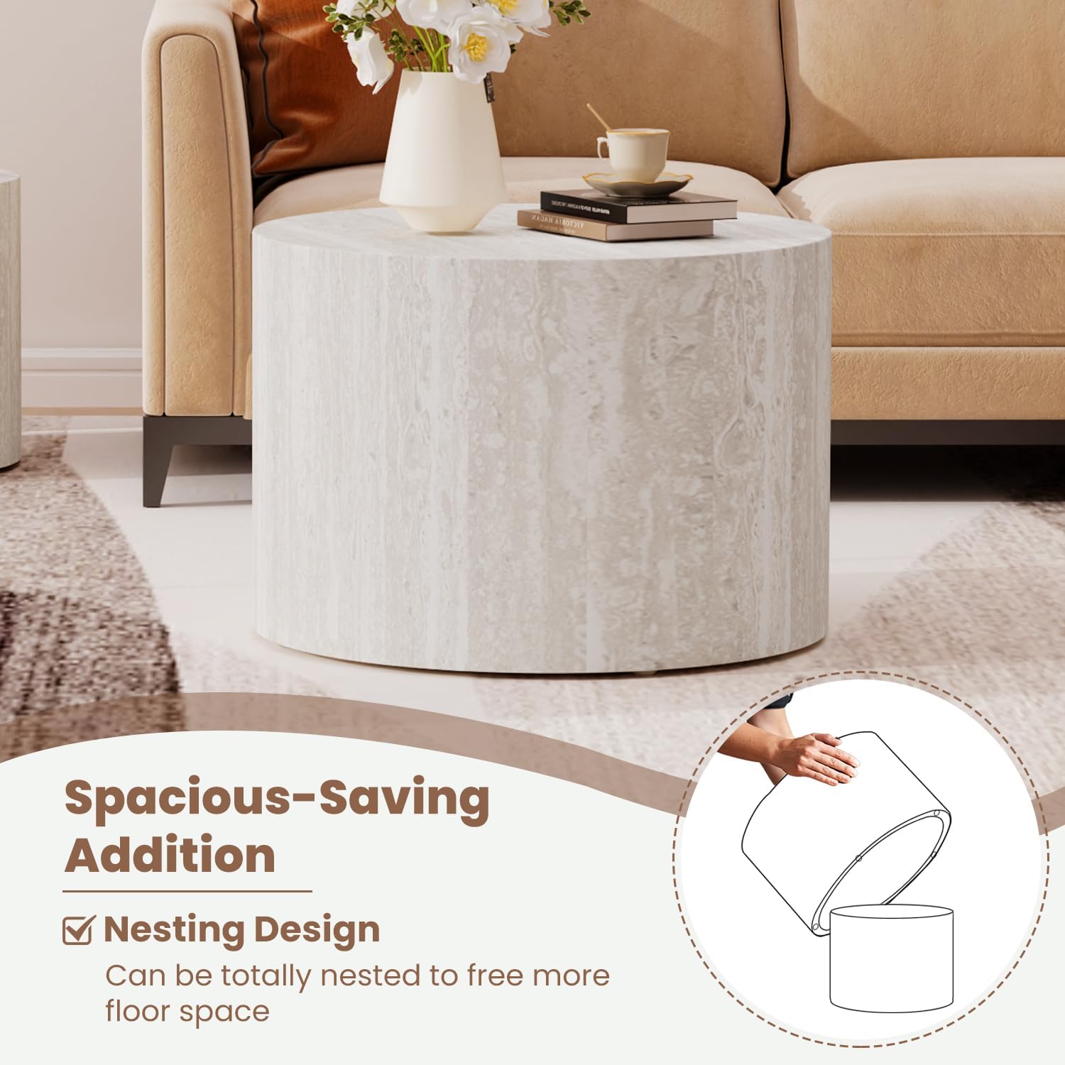 WXFKLDJ Round Nesting Coffee Table Set Cylindrical Wooden Coffee Table Sofa Center Table Circle Embossed Design Side Table for Living Room Apartment No Assembly (Marble)