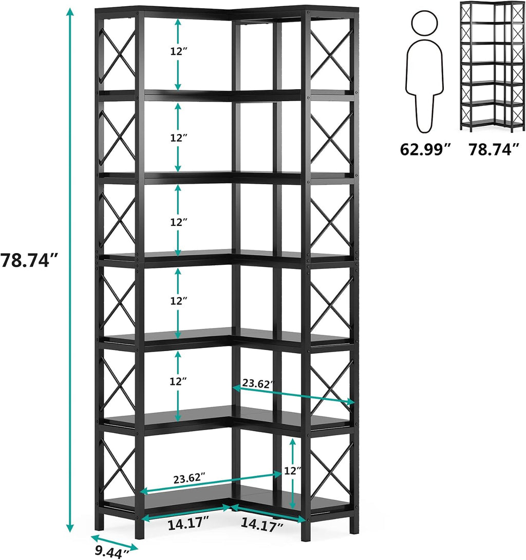 Tribesigns 7-Tier Corner Bookcase, Industrial Large Corner Bookshelf, 7-Shelf Tall Shelf Storage Display Rack with Metal Frame for Living Room Home Office, Black