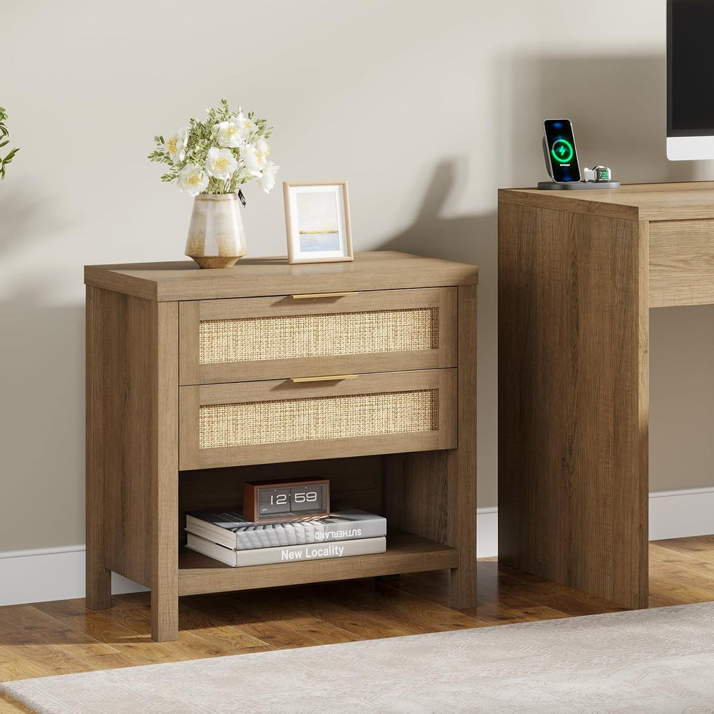Eclatara Rattan Nightstands, Farmhouse Bedside Table with 2 Drawers and Storage Shelf, Rattan Boho Accent Night Stands for Bedroom Large Space Sofa (1, Reclaimed Caramel Oak)