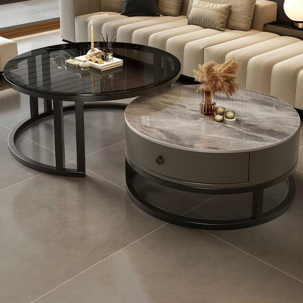 LITFAD 2-Piece Nesting Coffee Tables Steel Frame Round Slate Top Living Room Table Modern Central Table with Storage Drawer for Living Room, Office, Cafe - 31.5' L + 23.5' L Black/Grey - Clear/Gray