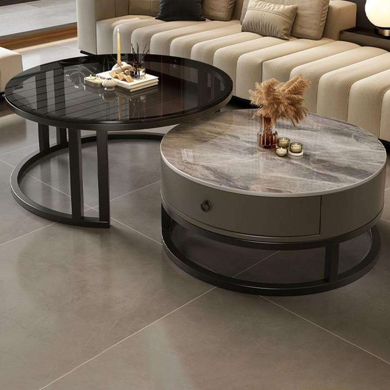 LITFAD 2-Piece Nesting Coffee Tables Steel Frame Round Slate Top Living Room Table Modern Central Table with Storage Drawer for Living Room, Office, Cafe - 31.5' L + 23.5' L Black/Grey - Clear/Gray