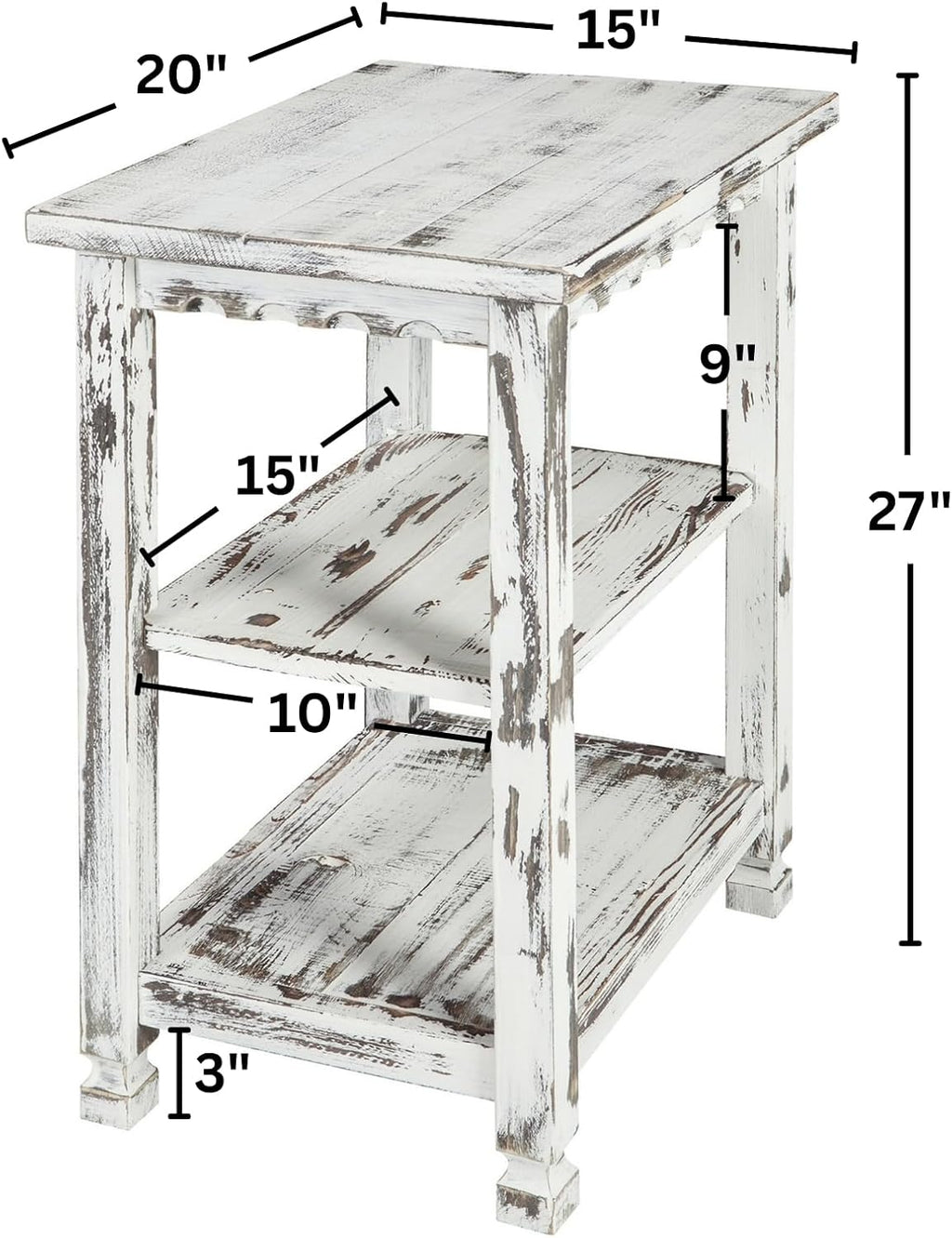 Alaterre Furniture Country Cottage Rustic Farmhouse Nightstand – 3-Tier Narrow End Table with Weathered Faded Finish, Carved Edges, & Turned Legs (Distressed Antique White)