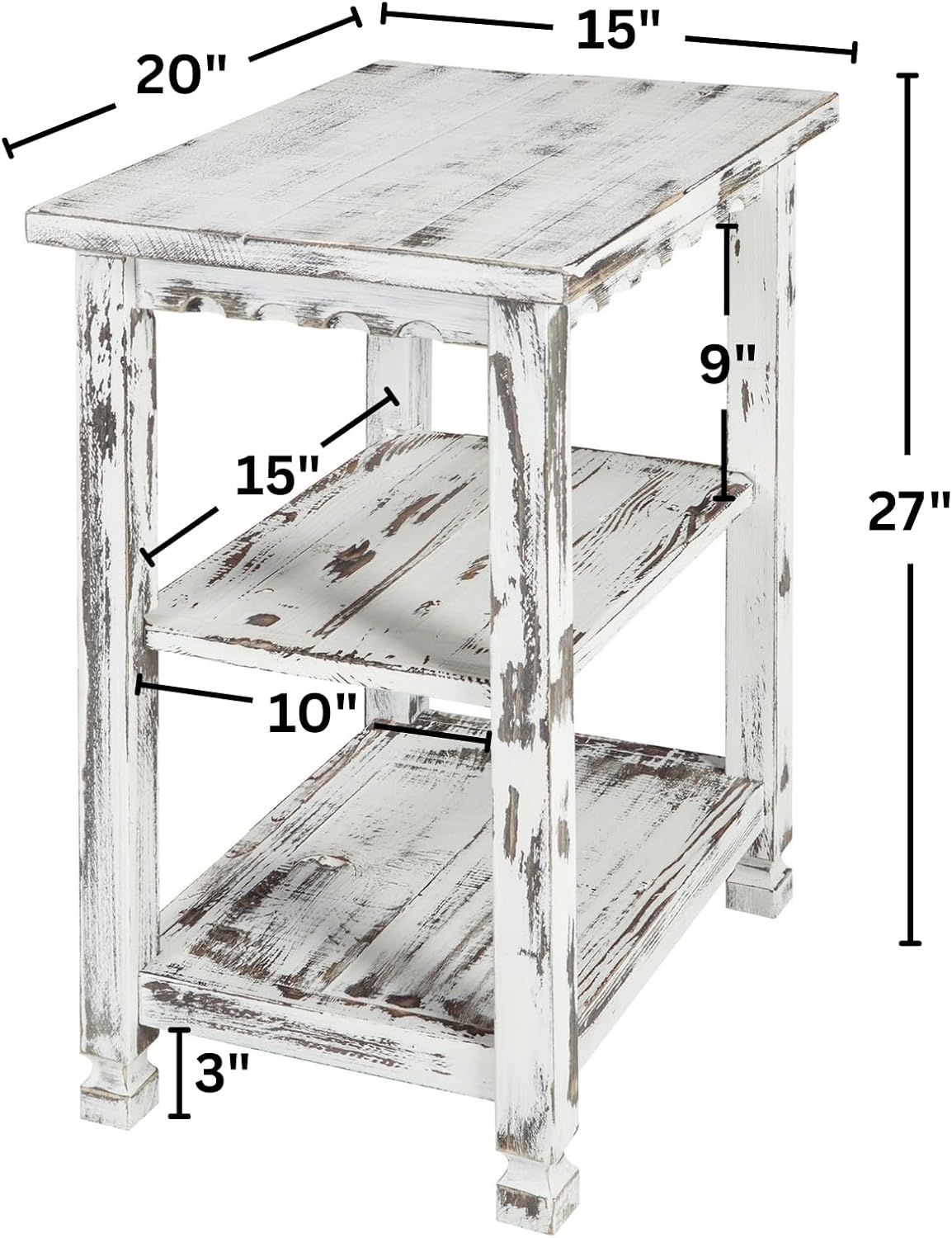 Alaterre Furniture Country Cottage Rustic Farmhouse Nightstand – 3-Tier Narrow End Table with Weathered Faded Finish, Carved Edges, & Turned Legs (Distressed Antique White)