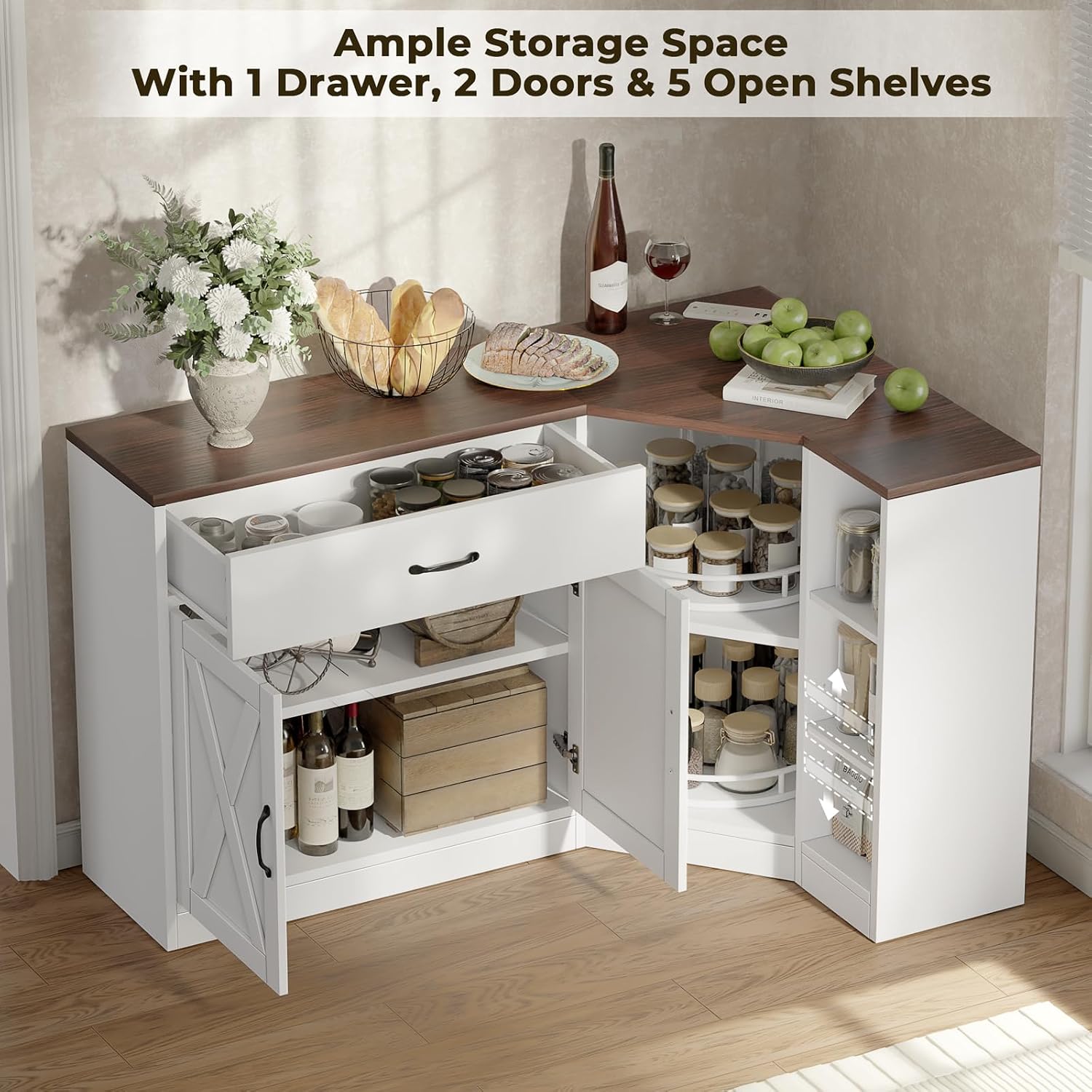Loomie Corner Cabinet w/Charging Station, Kitchen Pantry Cabinet w/2 Tier Lazy Susan Turntable, Farmhouse Food Pantry w/Drawer & Doors & Adjustable Shelf, L-Shaped Sideboard for Dining Room (White)