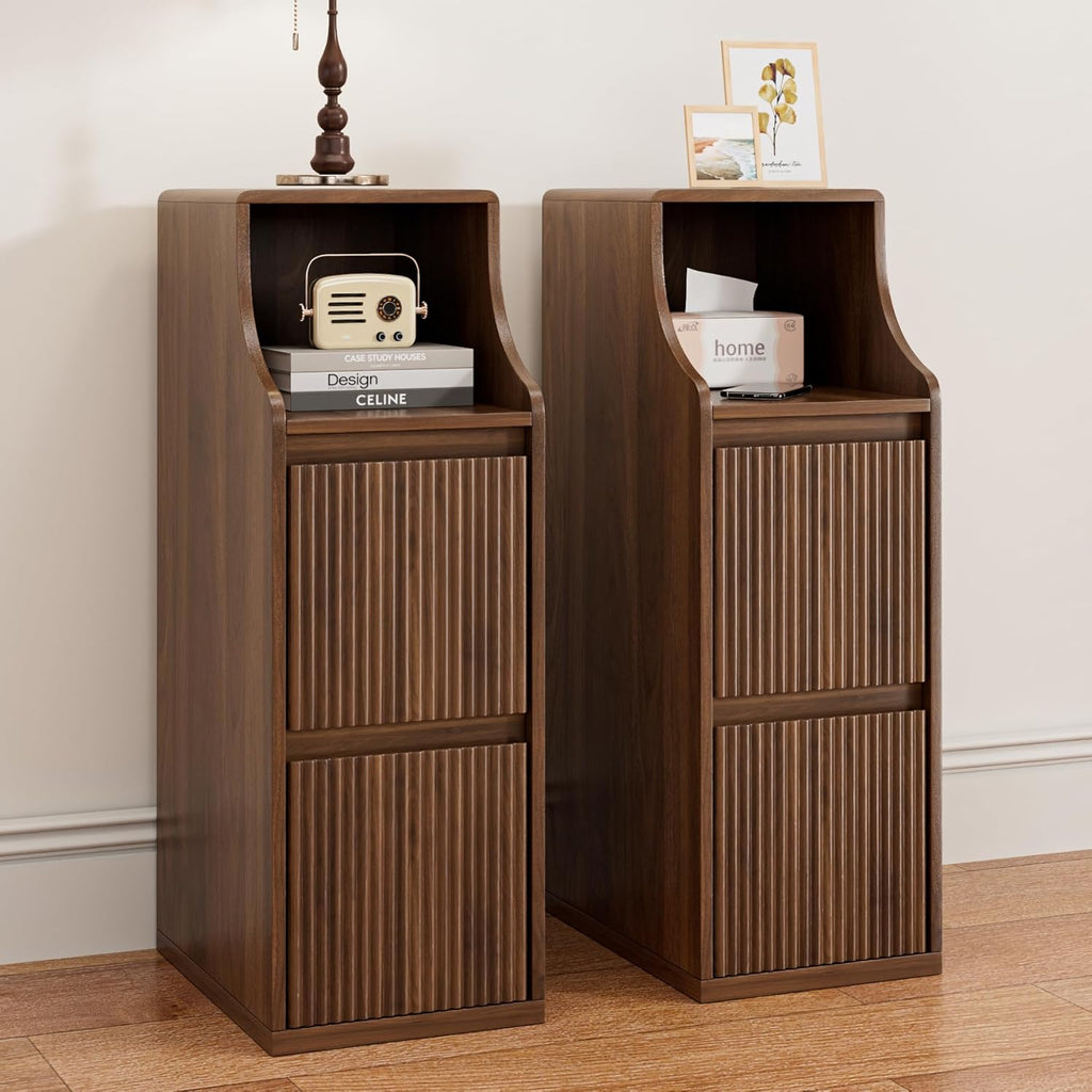 Fluted Narrow Nightstand Set of 2, Mid Century Modern Small Bedside Table with 2 Drawers, Wooden Skinny Vintage Side Table, Night Stand, Slim End Table for Bedroom, Walnut, Brown