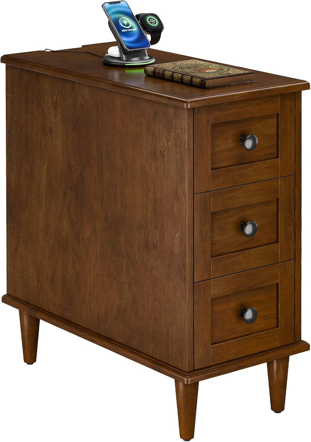 3-Drawer End Table with Built-in Charging Station, No Assembly Required Narrow Side Table with Outlets and USB Ports, Slim Nightstand for Living Room, Bedroom, Entryway (1, Cherry)