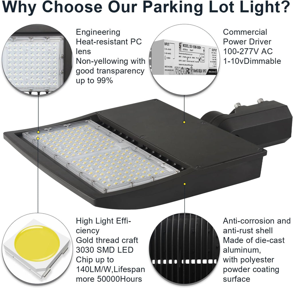 150W LED Parking Lot Light, 21000LM(140lm/w) LED Shoebox Area Light, 5700K Dimmable Commercial Outdoor Street Lighting (650W HID/HPS Equivalent) with Slip Fitter Mount, IP65 100-277VAC UL Listed