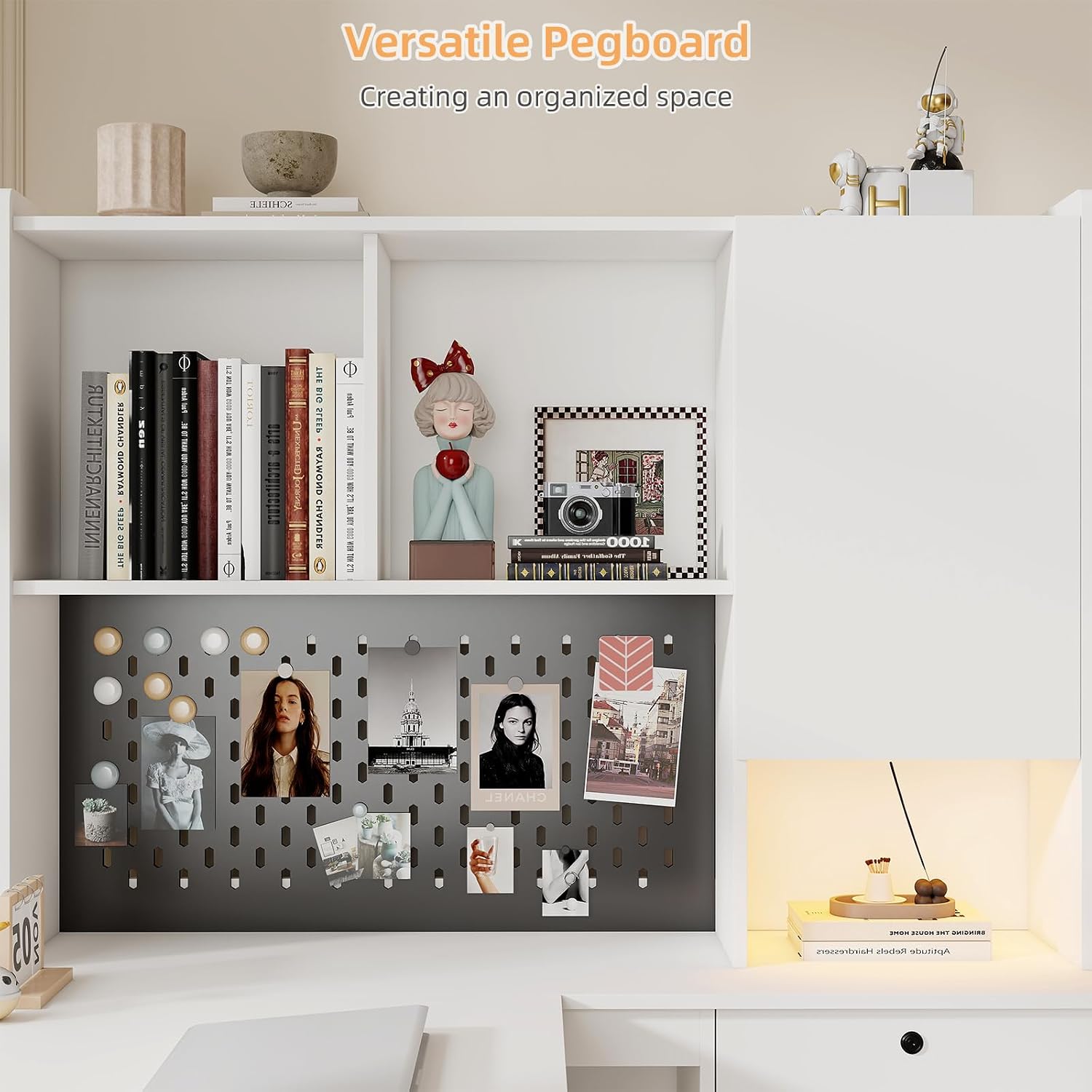 Zevemomo L Shaped Desk with Hutch and 4 Drawers, Computer Desk with USB Ports, Power Outlets & LED Light, Wood Corner Computer Desks with Storage Shelves for Home Office, White, Left Long