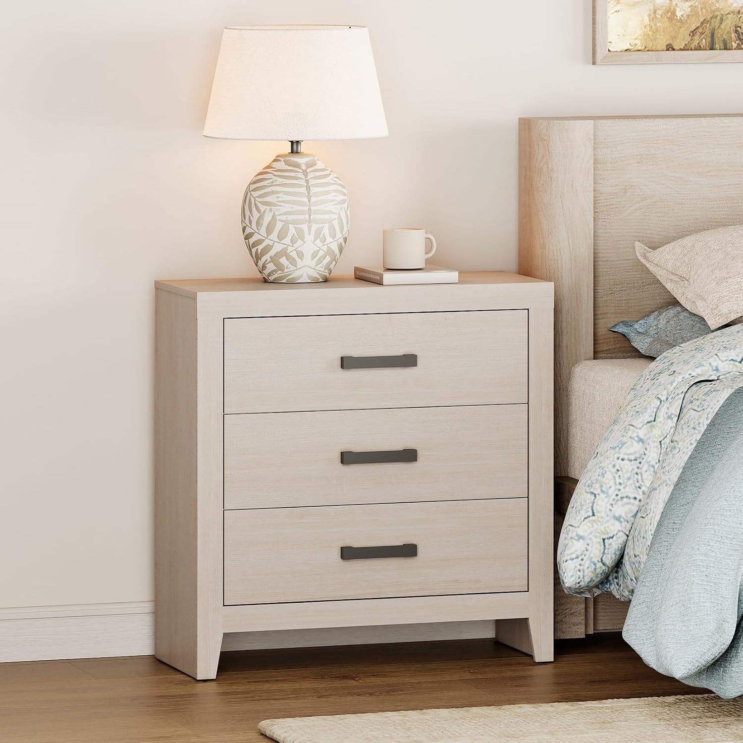 WAMPAT Farmhouse Nightstand with 3 Drawers, Large Wood Bedside Table, Wide Sofa Side End Table, Storage Organizer Chest for Living Room, Bedroom, Hallway, Beige, 32 Inches