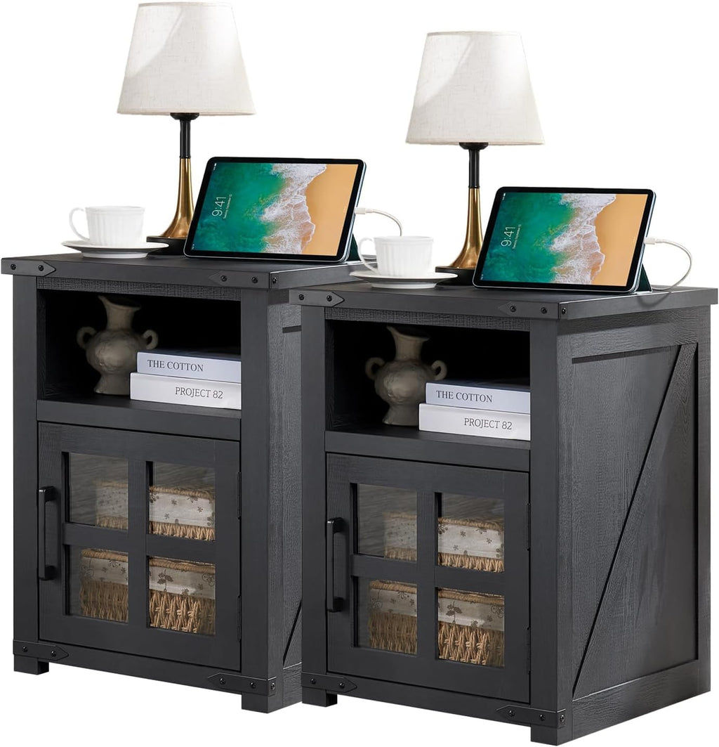 Barnyatoh Farmhouse Nightstand with Charging Station, Rustic End Table with Tempered Glass Barn Door, Wood Sofa Side Bedside Table with Open Storage Shelf for Living Room, Bedroom, Black, 2 Pack