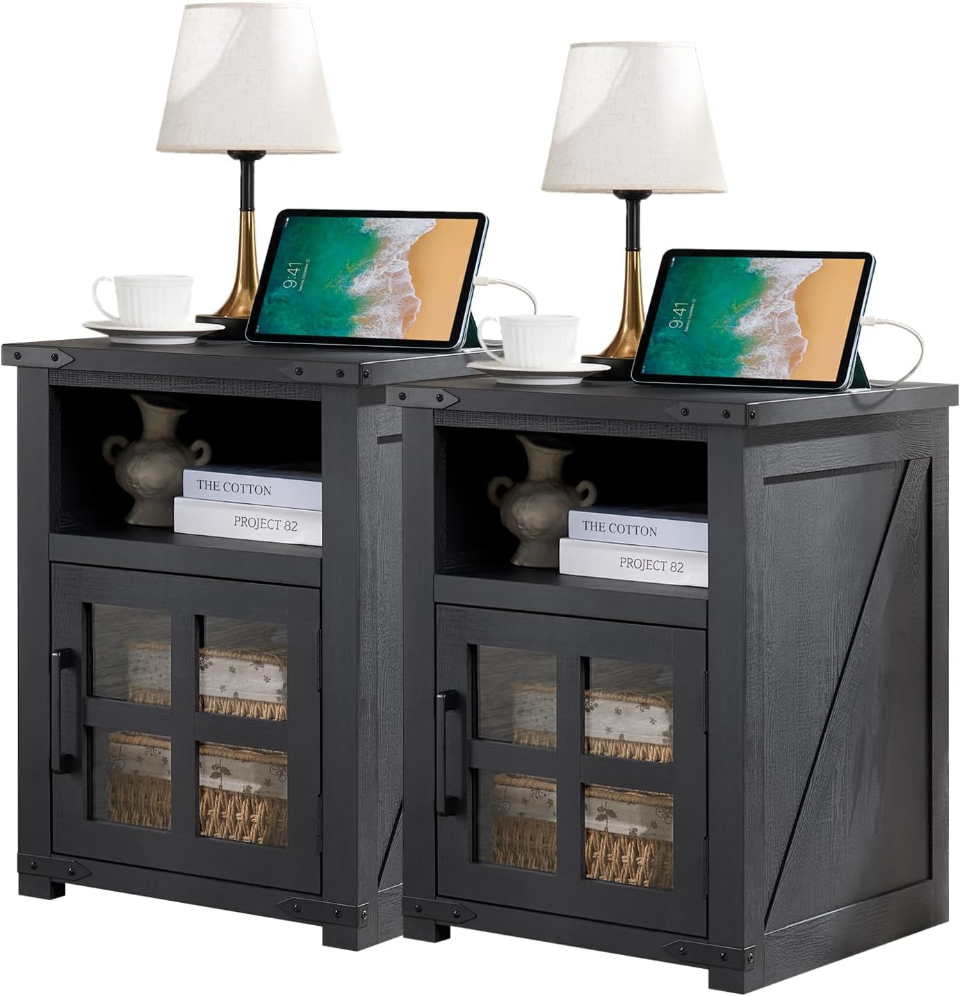 Barnyatoh Farmhouse Nightstand with Charging Station, Rustic End Table with Tempered Glass Barn Door, Wood Sofa Side Bedside Table with Open Storage Shelf for Living Room, Bedroom, Black, 2 Pack