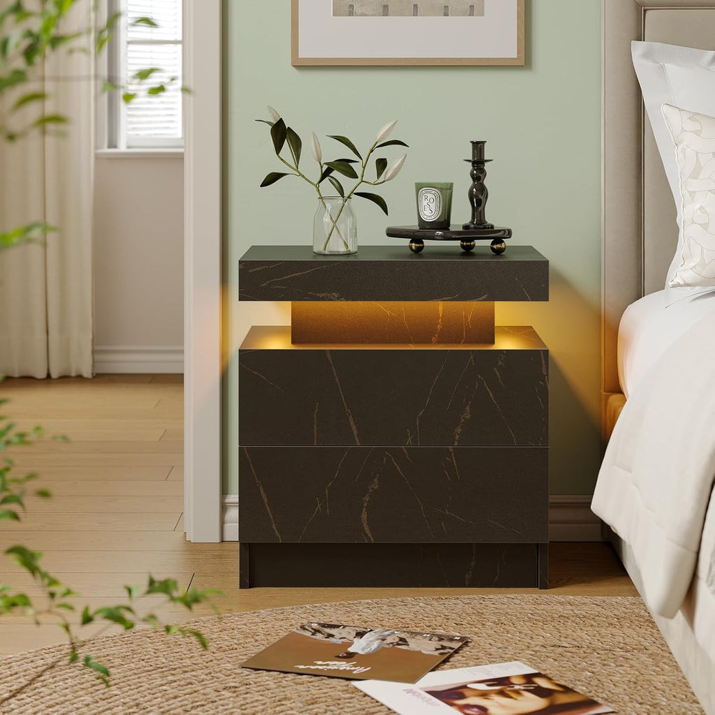 Cubehom Nightstands Set of 2, Bedside Tables with LED Lights, Night Stands with 2 Wood Drawers, End Tables Set of 2 for Living Room/Bedroom