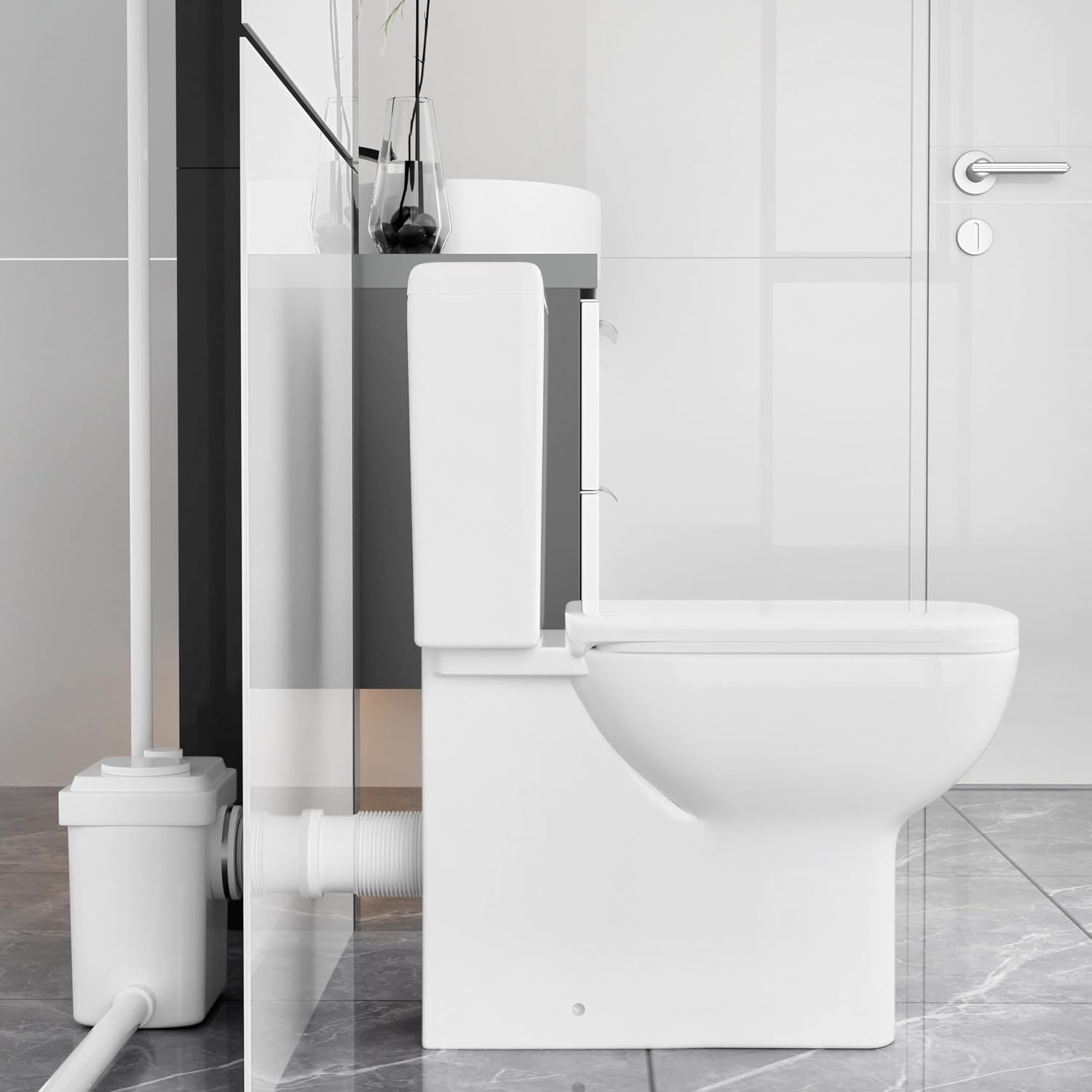 SouNor One Piece Elongated Toilet 450 Watt for Small Basement, Dual Flush 1.1/1.6 GPF, 4 Inlets for Bathroom Basement Power Flush, White.