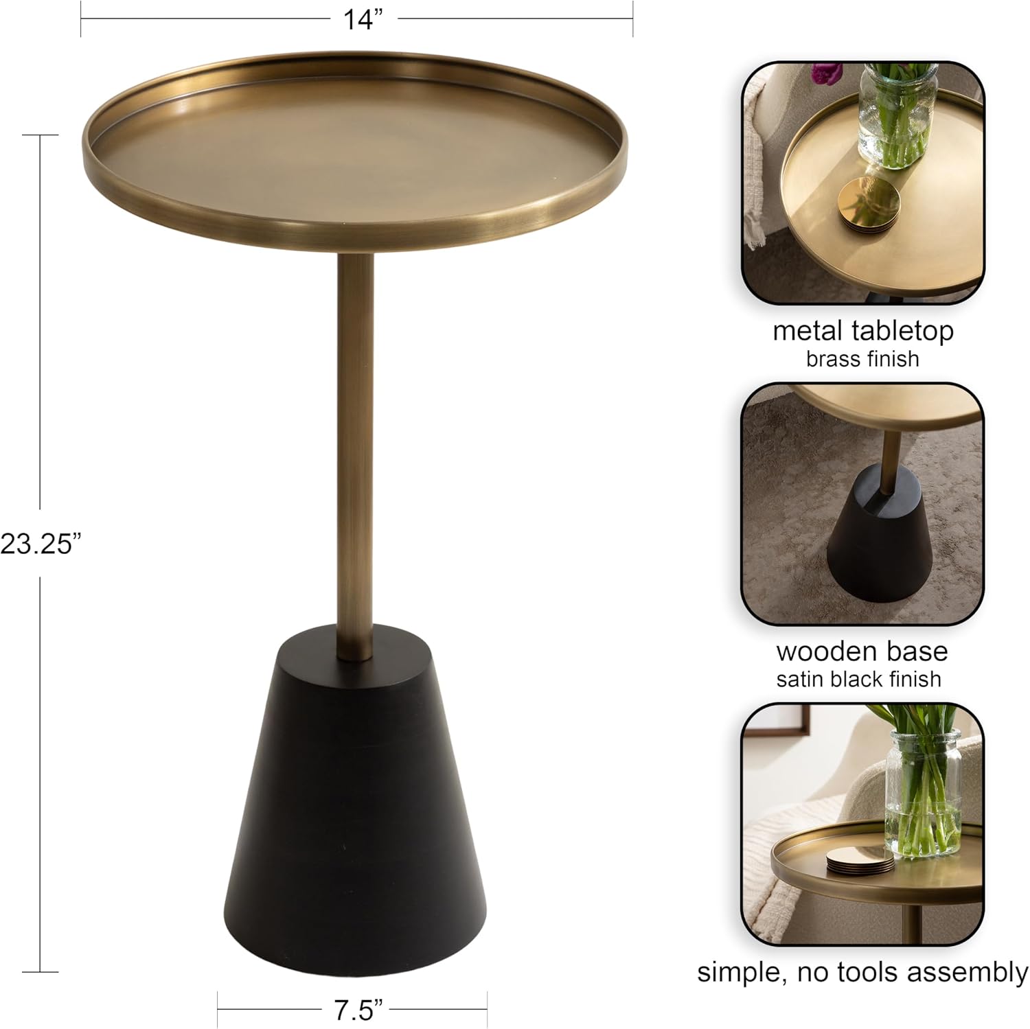 Kate and Laurel Tira Elegant Round Side Table, 14 x 24, Brass and Black, Modern Glam Circle End Table for Use as Bedroom Nightstand or Living Room Table Option