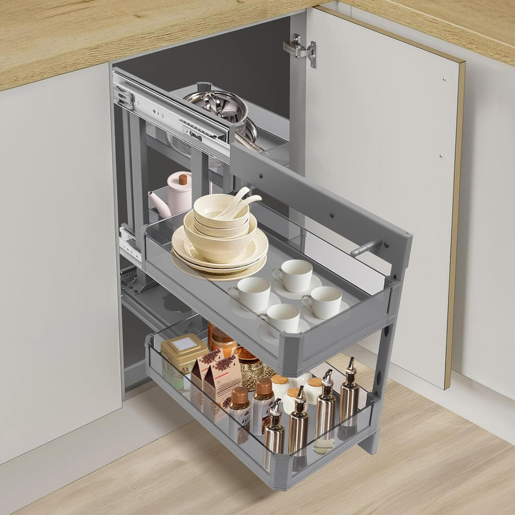 Blind Corner Cabinet Pull Out Right, 15 Inch Blind Corner Cabinet 2 Tiers Organizer Adjustable Design, Hidden Slide Out Shelves for Store Kitchen Utensils (Pull Out Left & Right, Style3)