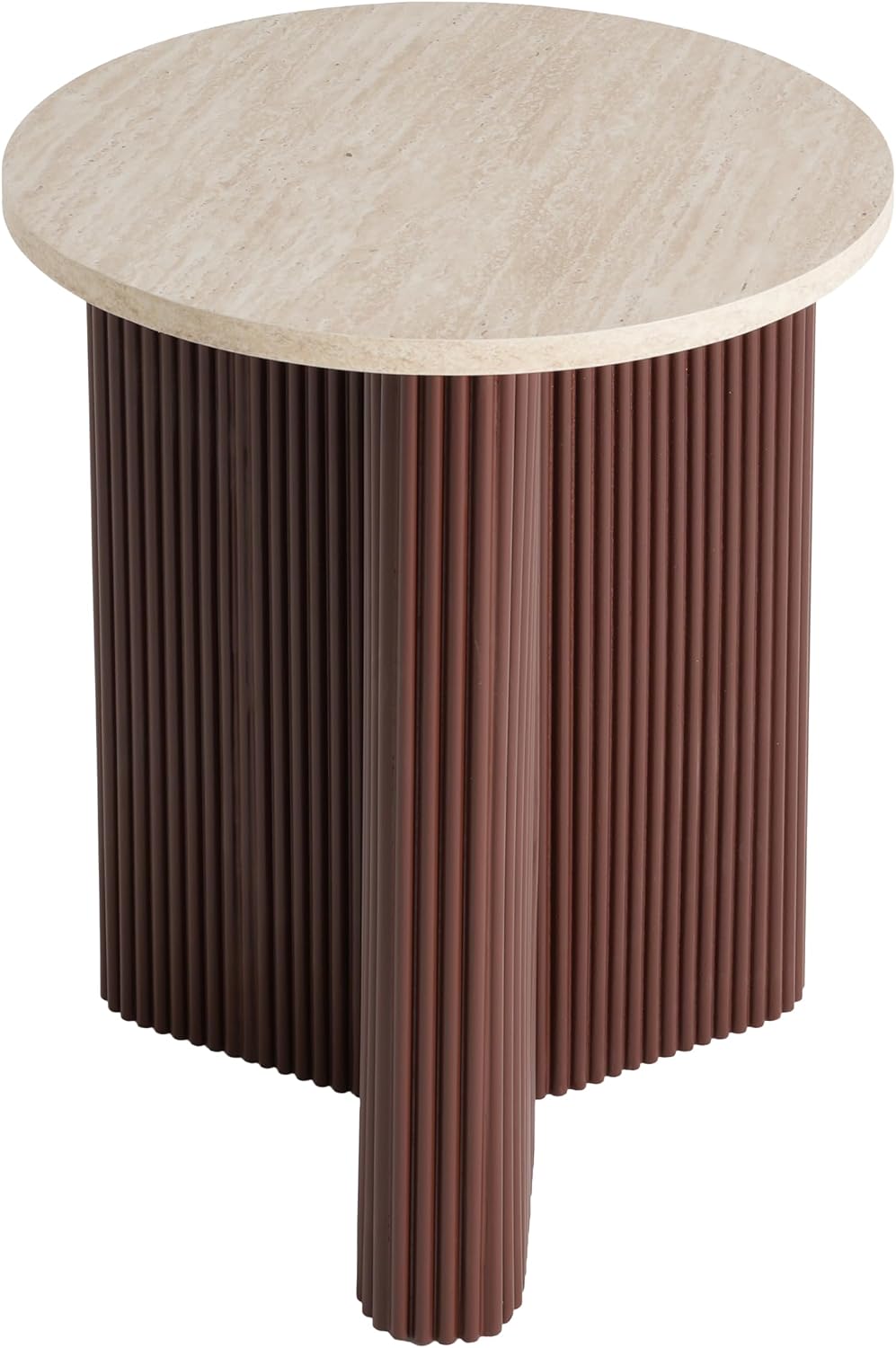 Merax Modern Round Side Table with Faux Marble Top & Brown Ribbed Base - Compact Round Coffee Table with Wooden Fluted Legs - 17.8' Accent End Table for Living Room & Bedroom, Brown