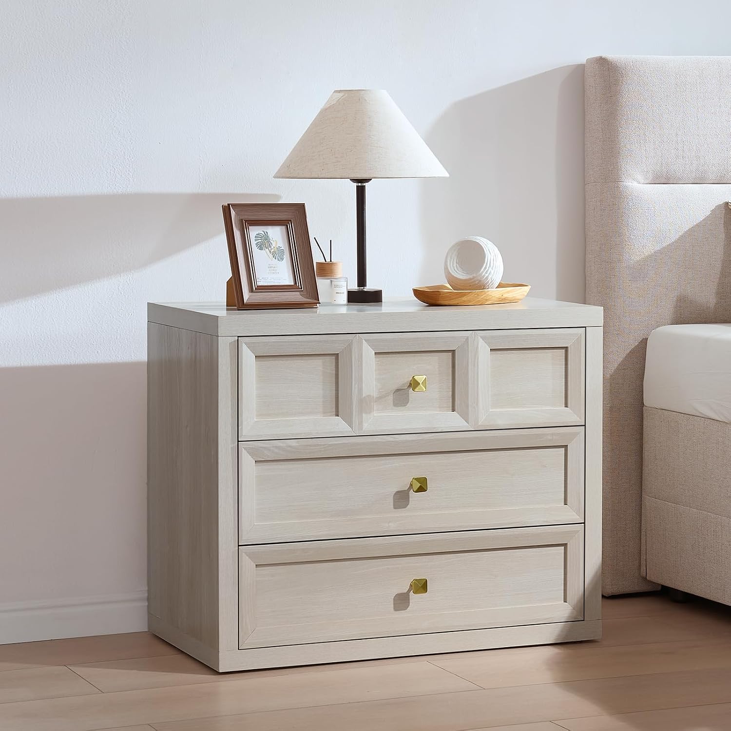3 Drawers Nightstand with Charging Station, 30.7' King Size Bedside Table with 3 Drawers, Accent End Table W/Large Storage, Modern Wood Side Table for Bedroom,Office, Beige (1 Piece, Beige)