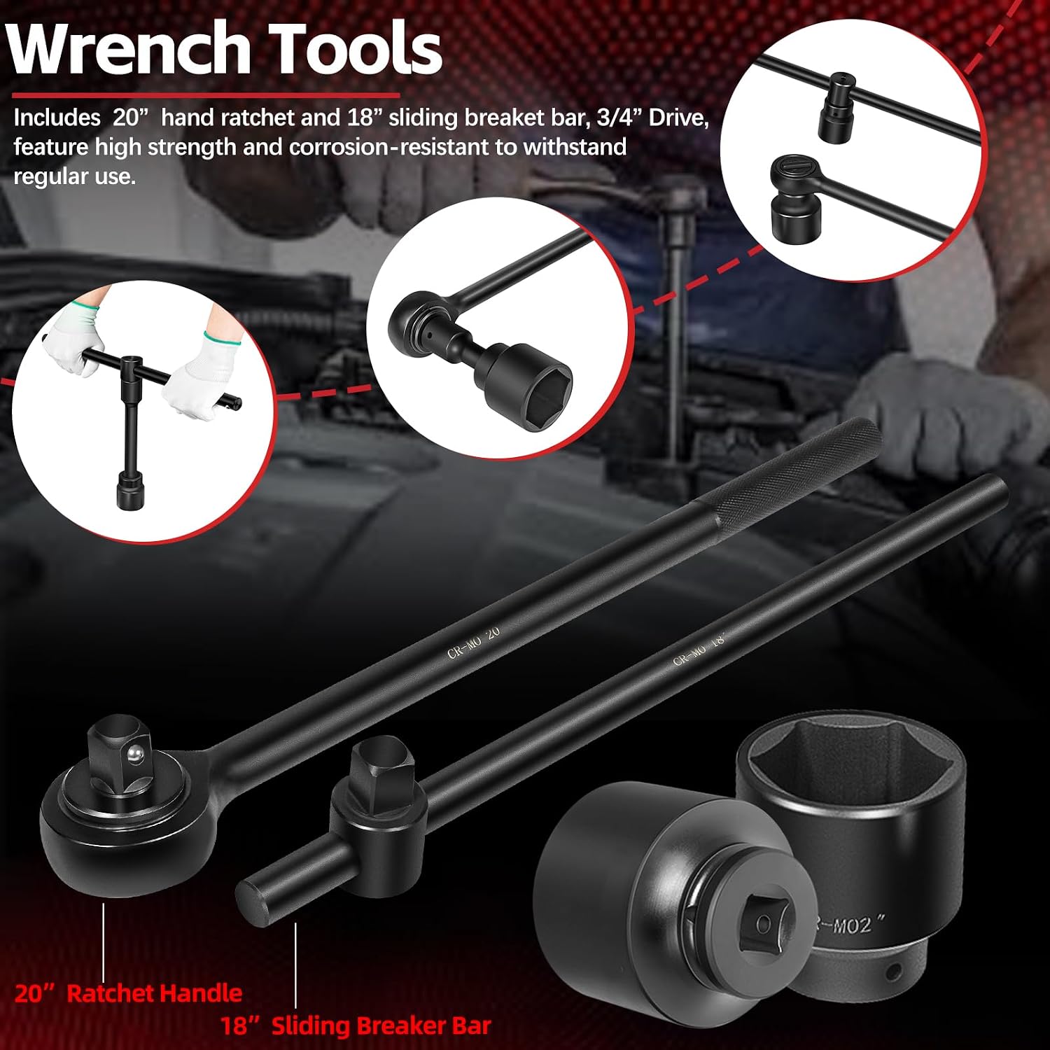 3/4-Inch Drive Jumbo Master Impact Socket Set, SAE and Metric Shallow-Socket Tool Set, SAE 7/8' to 2' and Metric 22 to 50 mm Sockets with Extension Bars and Ratchet Handle, 27 pieces