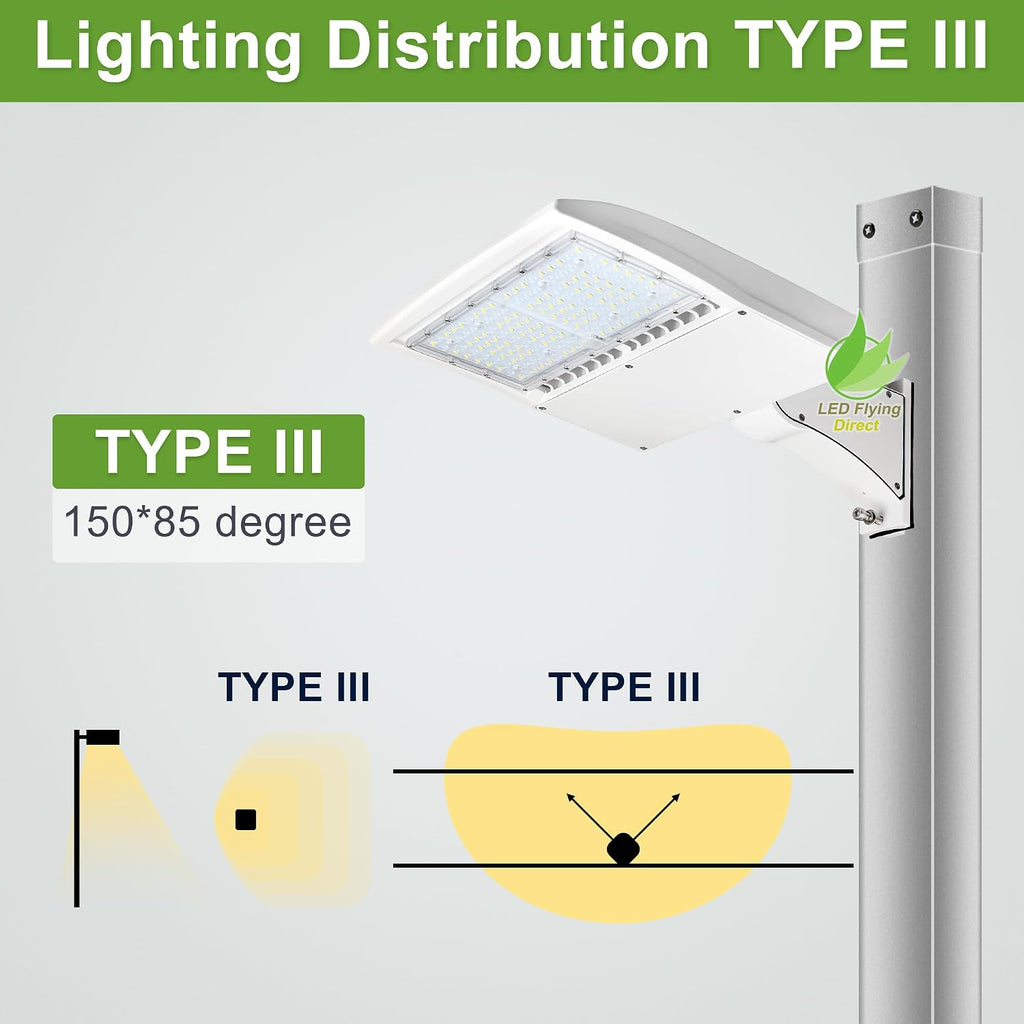 480V LED Parking Lot Light, 80W/100W/150W Wattage Selectable, 21,000LM 5000K White Housing Shoebox Pole Light, 277–480V High Voltage, Surge Protection, UL Listed, Commercial Area Street Lighting