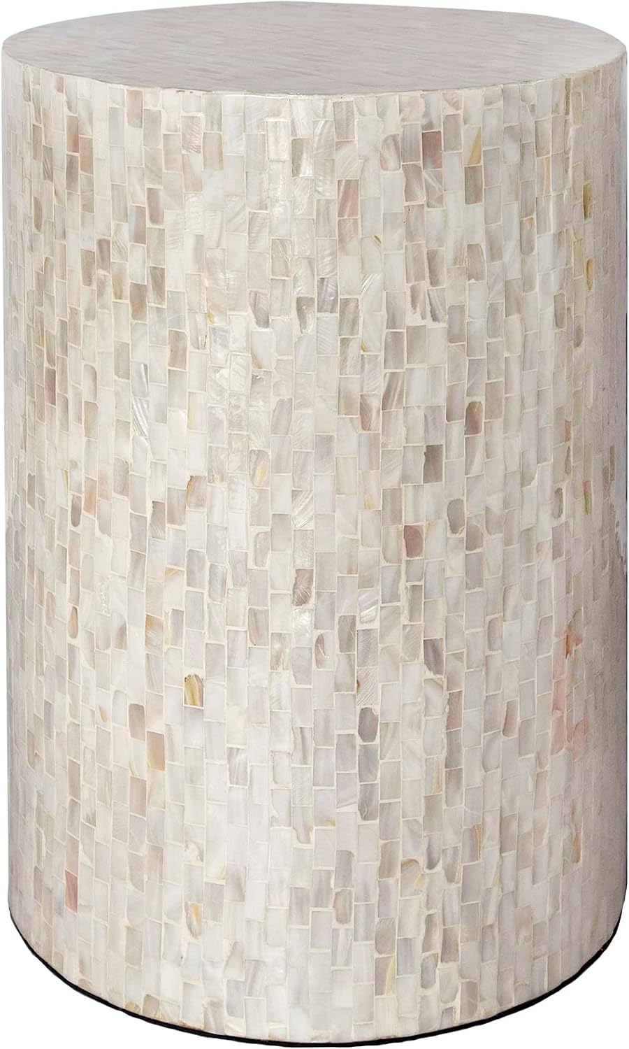 PEMAR Mother of Pearl Cylinder Drum End Table Nacre Side Stool Round Accent Table Coffee Bedside Nightstand and Vanity Stool 13' Diameter x 19.3' High Pearl White & Cream