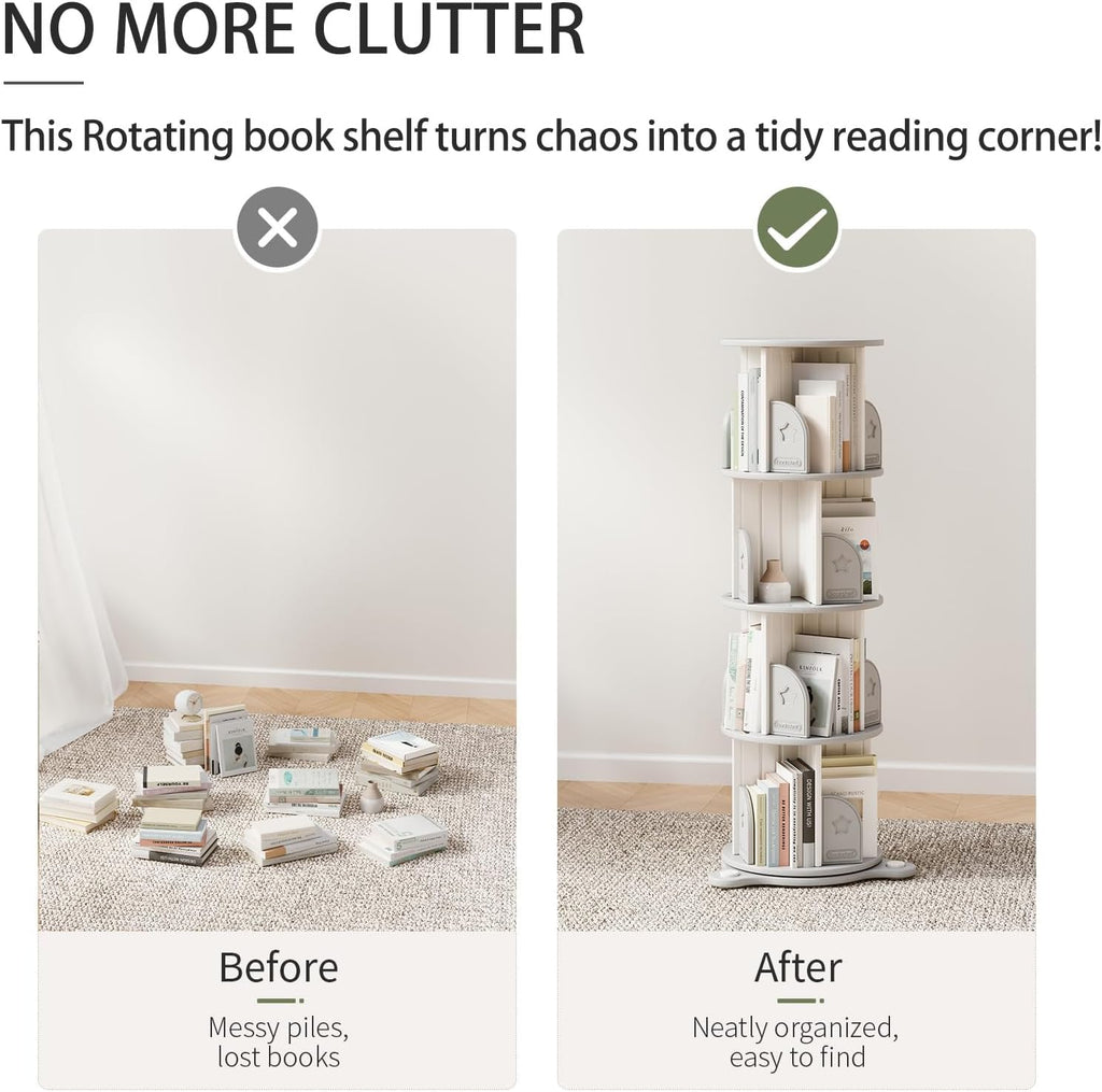 4 Tier Rotating Bookshelf, 360°Spinning Bookshelf Tower Book Display Stand, Corner Bookcase Organizer for Classroom/Bedroom/Living Room/Reading Nook (White-4Tier)