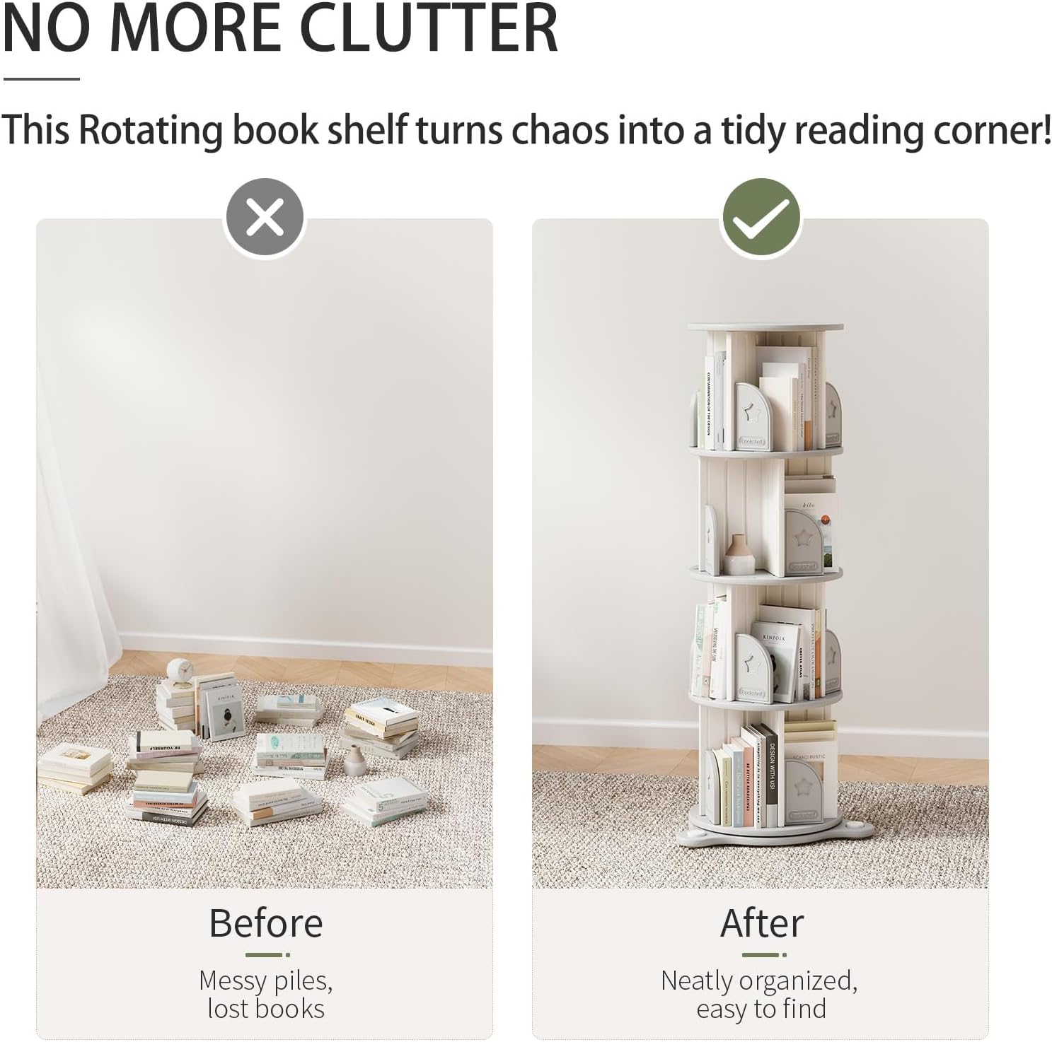 4 Tier Rotating Bookshelf, 360°Spinning Bookshelf Tower Book Display Stand, Corner Bookcase Organizer for Classroom/Bedroom/Living Room/Reading Nook (White-4Tier)