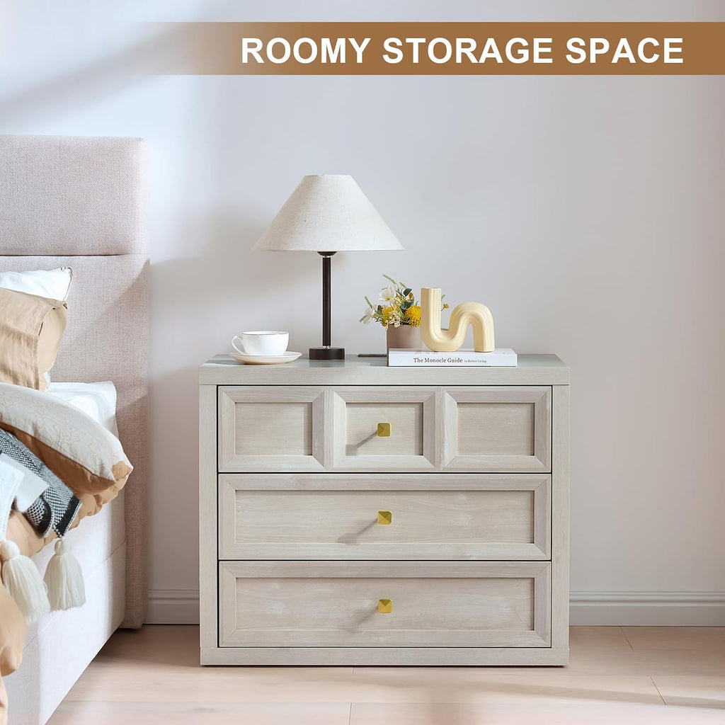 Nightstand Set of 2 W/Charging Station, 30.7' W King Size Bedside Table with 3 Drawers, Accent End Table W/Large Storage, Modern Wood Side Table for Bedroom,Office, Beige