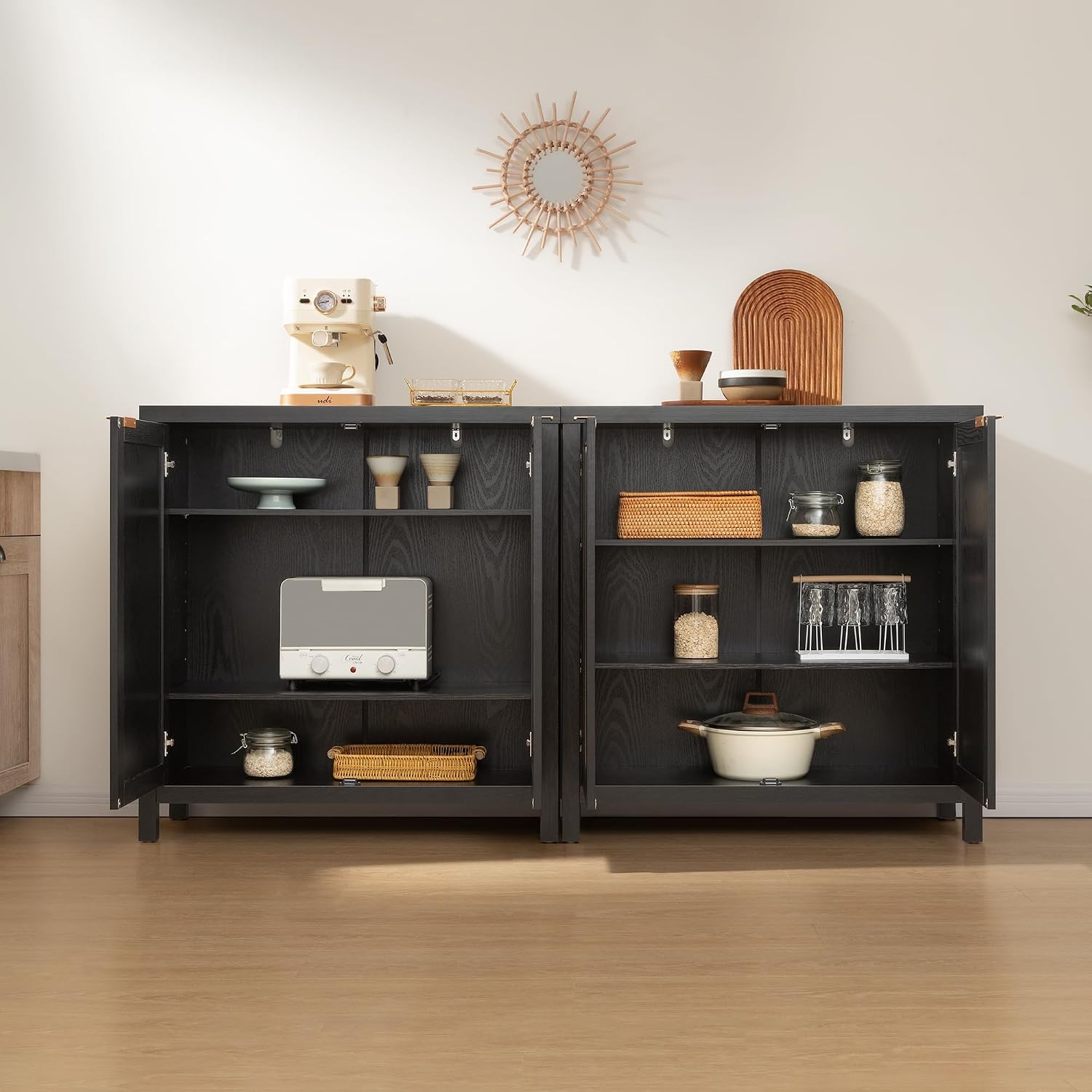 SICOTAS Rattan Sideboard Buffet Storage Cabinet - 3 Pieces Boho Farmhouse Coffee Bar Cabinet Credenza Cabinet with Storage and Rattan Decorated Doors for Home Kitchen, Black