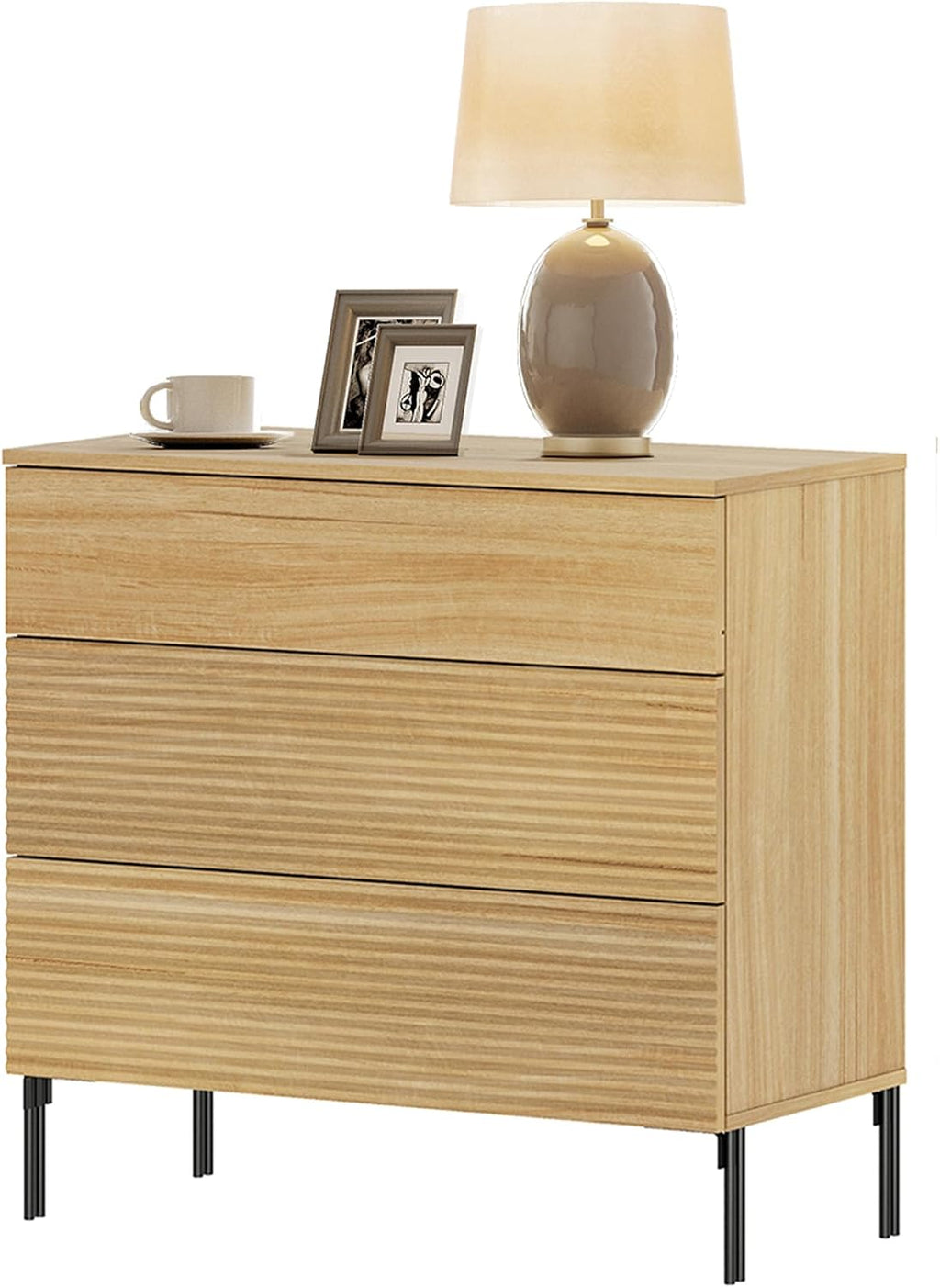 WAMPAT 30.2' Tall Fluted Nightstand with 3 Large Drawers, Mid Century Nightstand End Table with Hidden Handle, Wooden Bedside Table with Storage for Bedroom, Oak