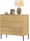 WAMPAT 30.2' Tall Fluted Nightstand with 3 Large Drawers, Mid Century Nightstand End Table with Hidden Handle, Wooden Bedside Table with Storage for Bedroom, Oak