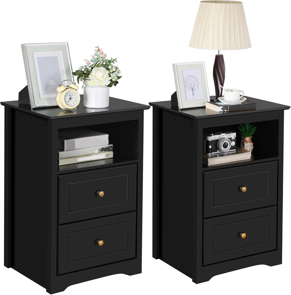 Yaheetech Nightstand Set of 2, Wooden Bedside Tables with 2 Drawer and Cubby, 2Pcs Tall Nightstand for Bedroom Small Space, Bedside Cabinet Telephone Table, 19″ L × 16″ W × 29″ H, Black