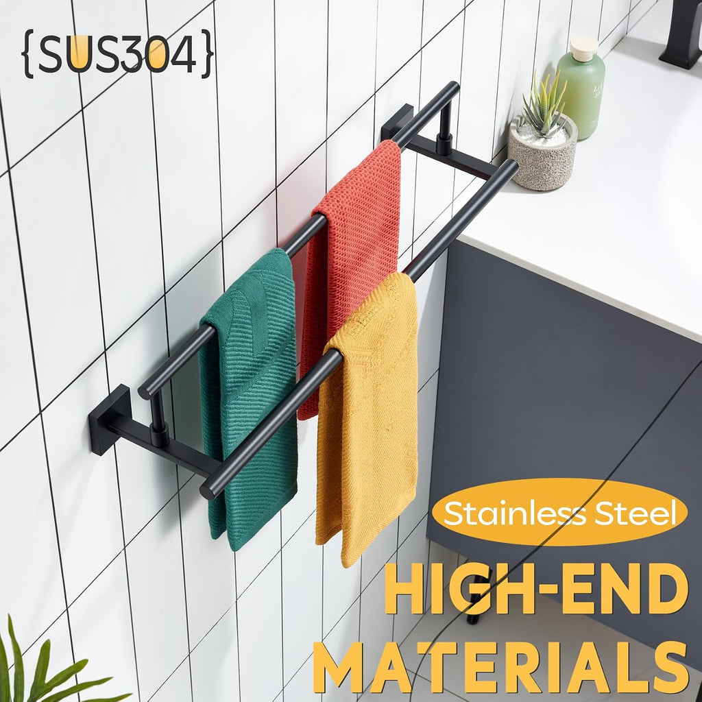 KOKOSIRI 24 Inch Bath Towel Bar Bathroom Towel Rack Free Standing Towel Racks for 2-Tier Towel Holder with Heavy Marble Base Matte Black B5009BK-L24+THS0005-BK