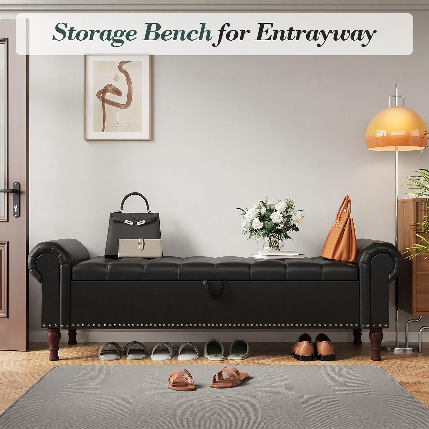 Apicizon 60' Bench with Storage, Queen Size Faux Leather End of Bed Bench with Tufted Button, Ottoman Bench with Rolled Arms & Vintage Rivets for Foot of Bed, Living Room, Entrance, Black