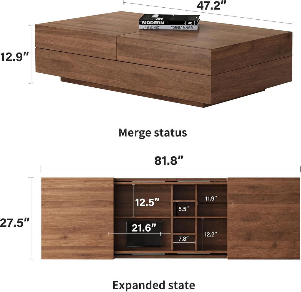 Mid-Century Modern Expandable Coffee Table & TV Stand Set, Walnut Finish – Elegant Storage Combo for Living Room, Bedroom, or Lounge (70.87' TV Stand+Coffee Table)