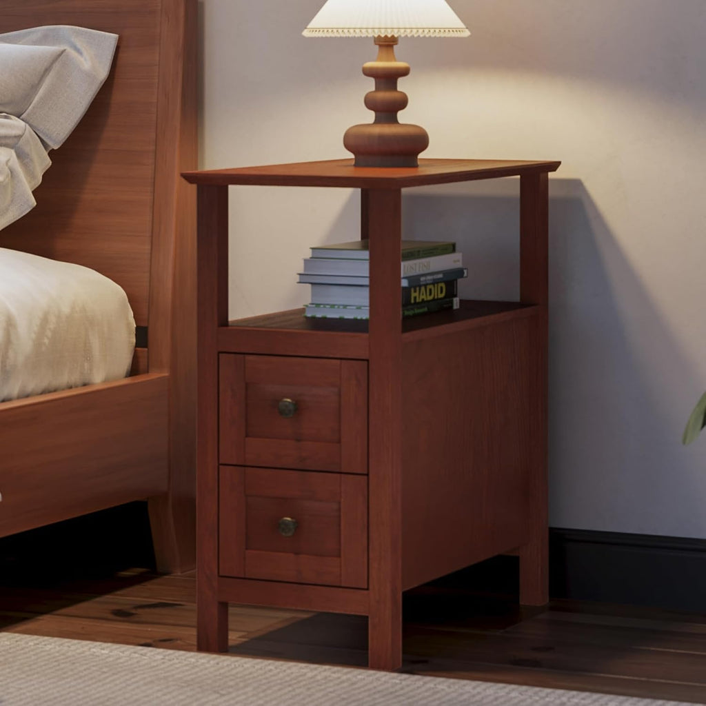 ChooChoo End Tables Living Room Set of 2, 3-Tier Narrow Nightstand with with 2 Drawers, Slim Bedside Tables for Living Room, Bedroom, Small Space, Cherry Brown