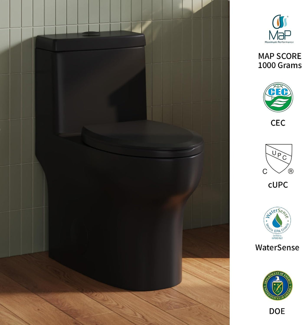 DeerValley Black One Piece Toilet with Efficient Dual Flush 1.1/1.6 GPF | Standard Height Toilet Bowl, Durable Ceramic, Slow Close Seat, Skirted Design 12' Rough-In Toilet for Bathroom DV-1F026B