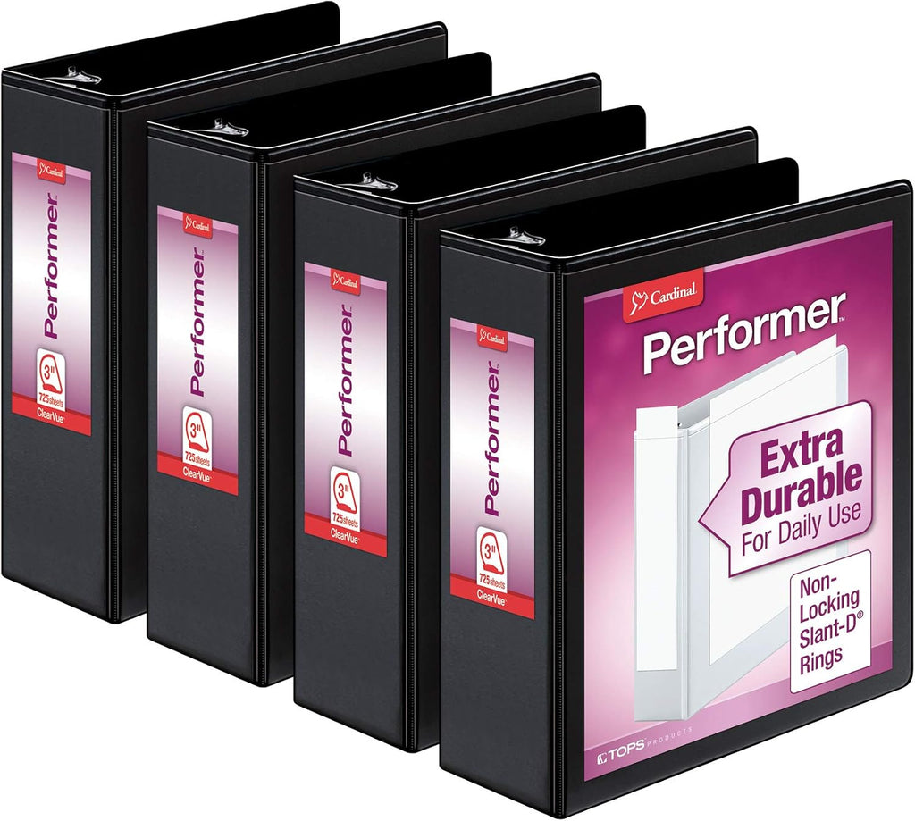Cardinal Economy 3-Ring Binders, 4', Slant-D Rings, Holds 835 Sheets, Black, Case of 6 & Performer 3-Ring Binders, 3', Non-Locking Slant-D Rings, 725-Sheet Capacity, Black, 4-Pack