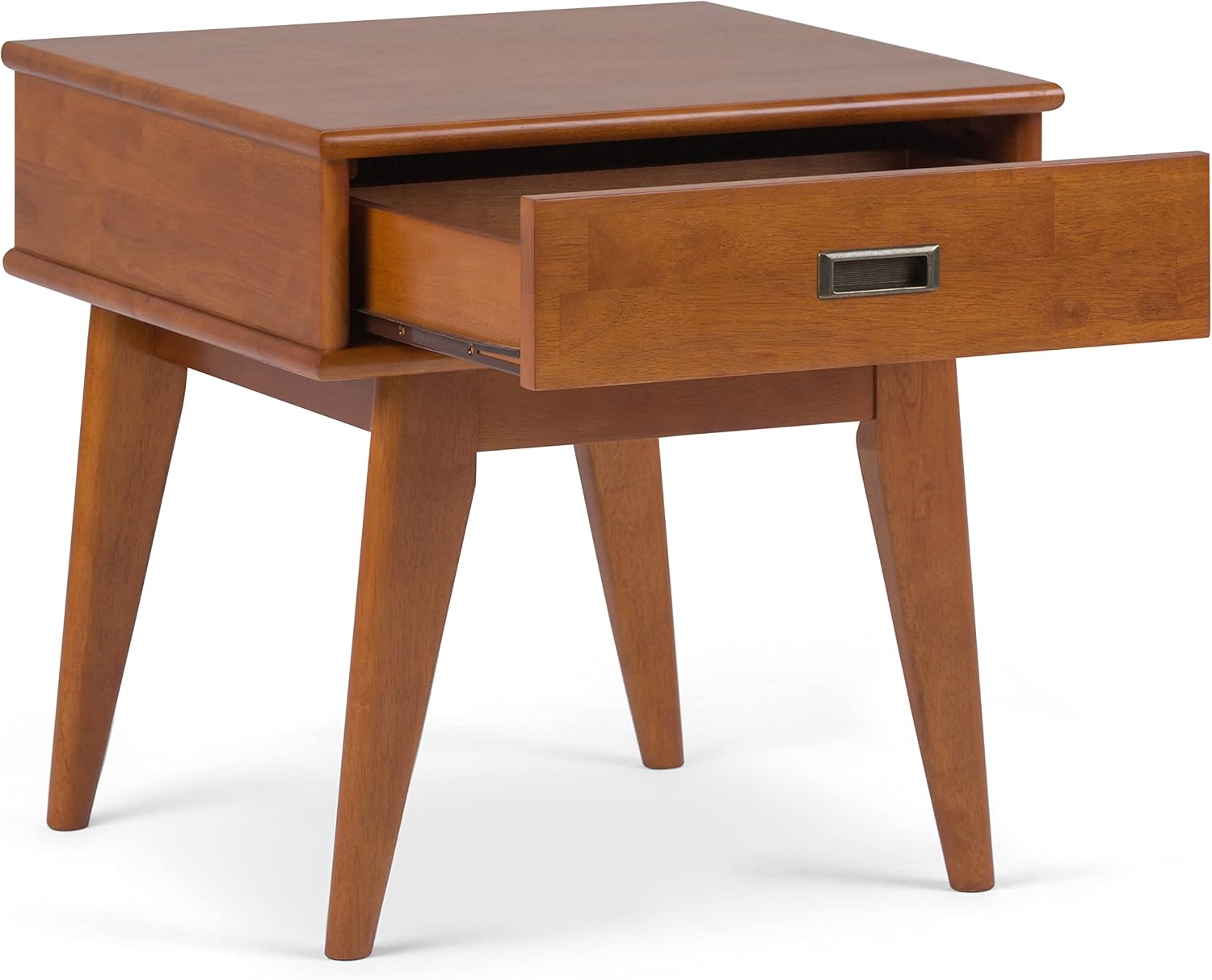SIMPLIHOME Draper End Table - 22 inch Wide Solid Hardwood Rectangular Accent Table with Storage Drawer in Teak Brown, Mid-Century Modern Nightstand or Lamp Stand for Living Room or Bedroom
