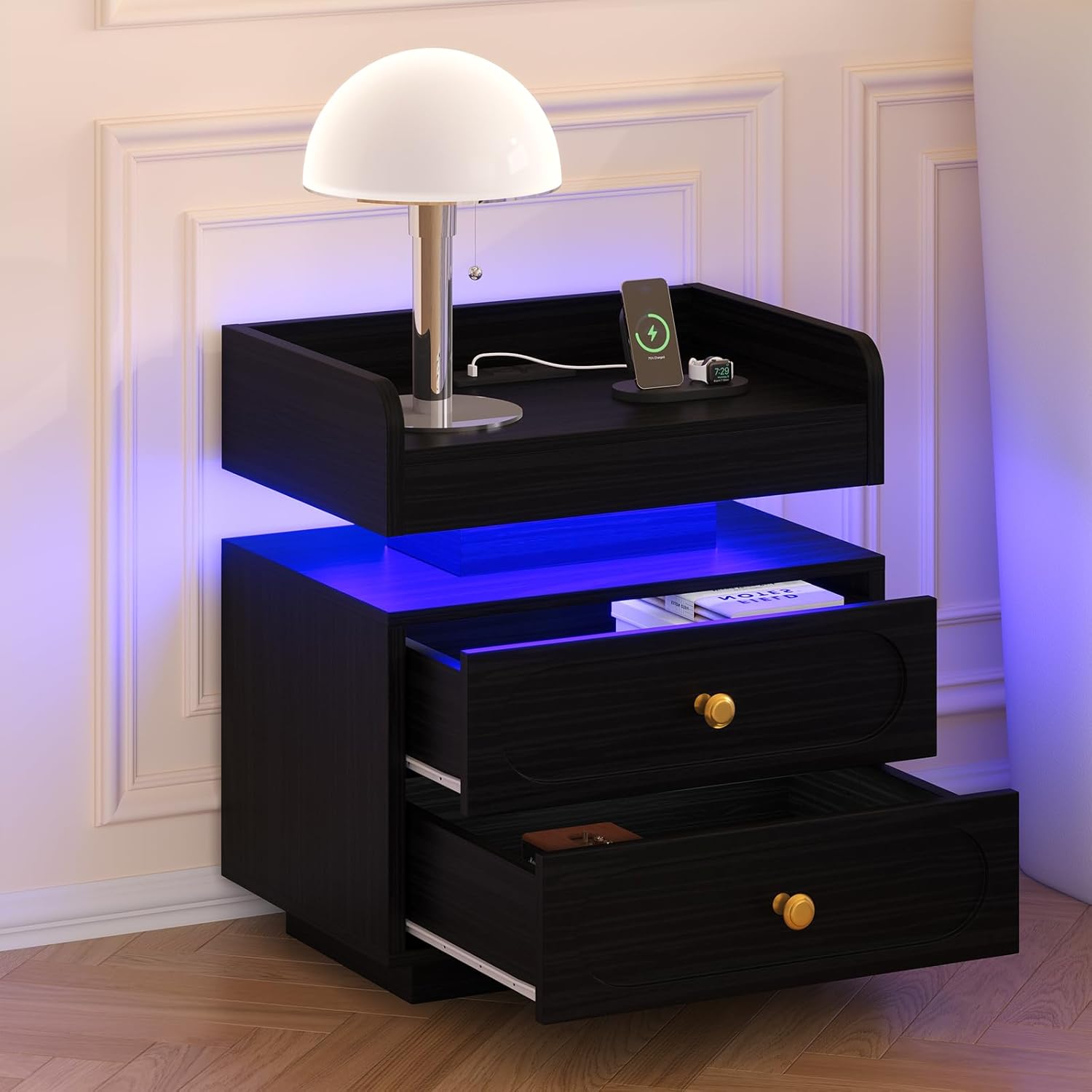 4ever2buy Black Nightstand Set of 2 with Adjustable LED Lights and Charging Station Modern Bedside Tables with 2 Drawers End Tables for Bedroom