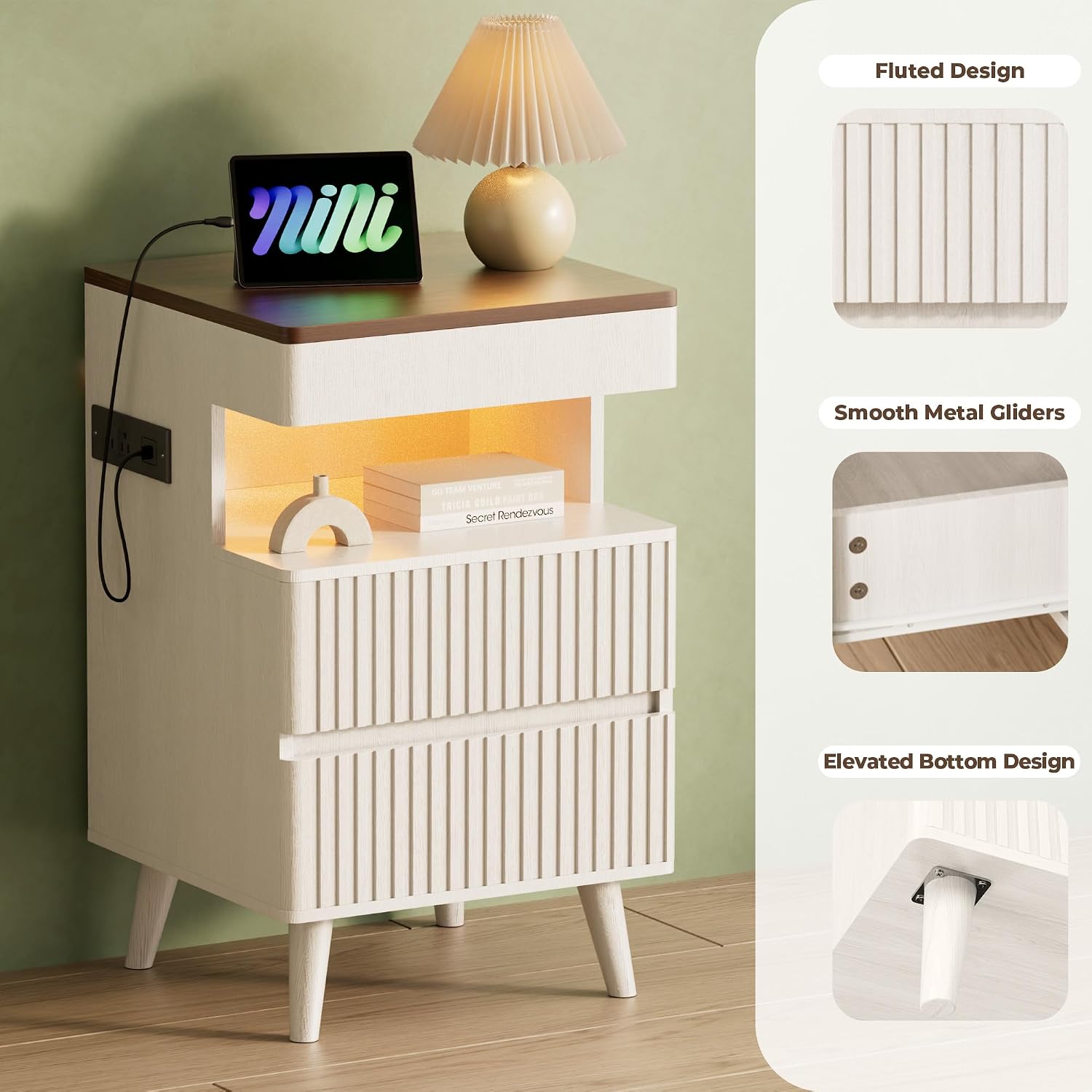 26' Tall Fluted Nightstand Set of 2 with Charging Station & LED Light, Modern End Table with 3 Storage Drawers and Pull-Out Tabletop, Wood Bedside Table for Bedroom, Living Room, White