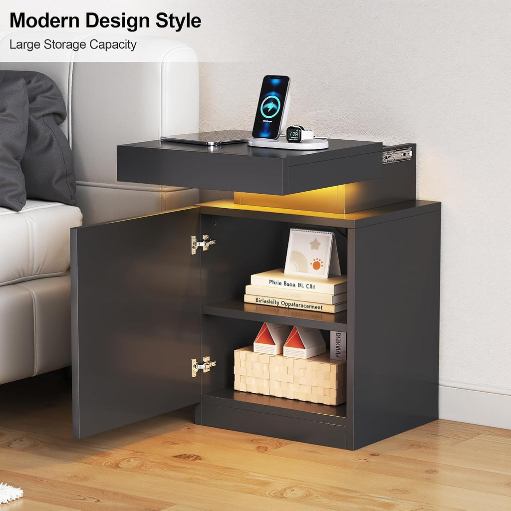 MXV Nightstand with LED Lights & Charging Station, Black Bedside Tables with USB Ports, Storage Cabinet & Drawers for Bedroom, Modern End Tables for Living Room