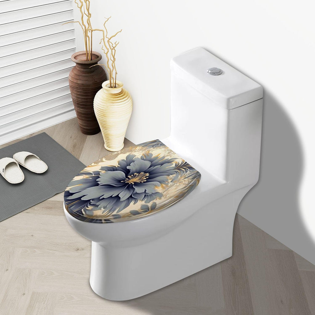 Elongated Toilet Seat Abstract artistic flowers branches gold canvas Brush Oil Resin Toilet Seat Slow Quiet Close with Quick-Release Hinges Toilet Seat with Cover Easy to Clean Install