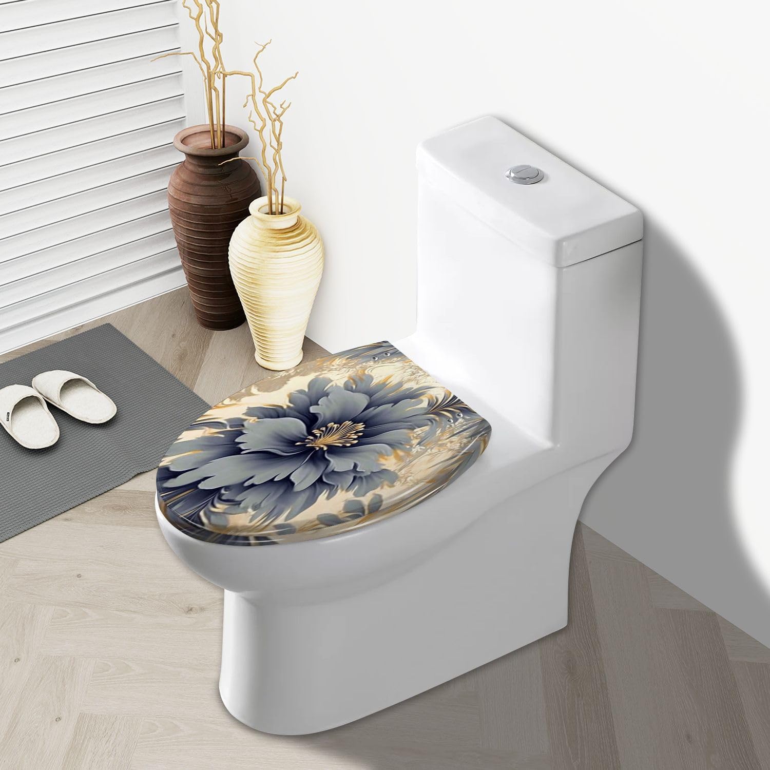 Elongated Toilet Seat Abstract artistic flowers branches gold canvas Brush Oil Resin Toilet Seat Slow Quiet Close with Quick-Release Hinges Toilet Seat with Cover Easy to Clean Install